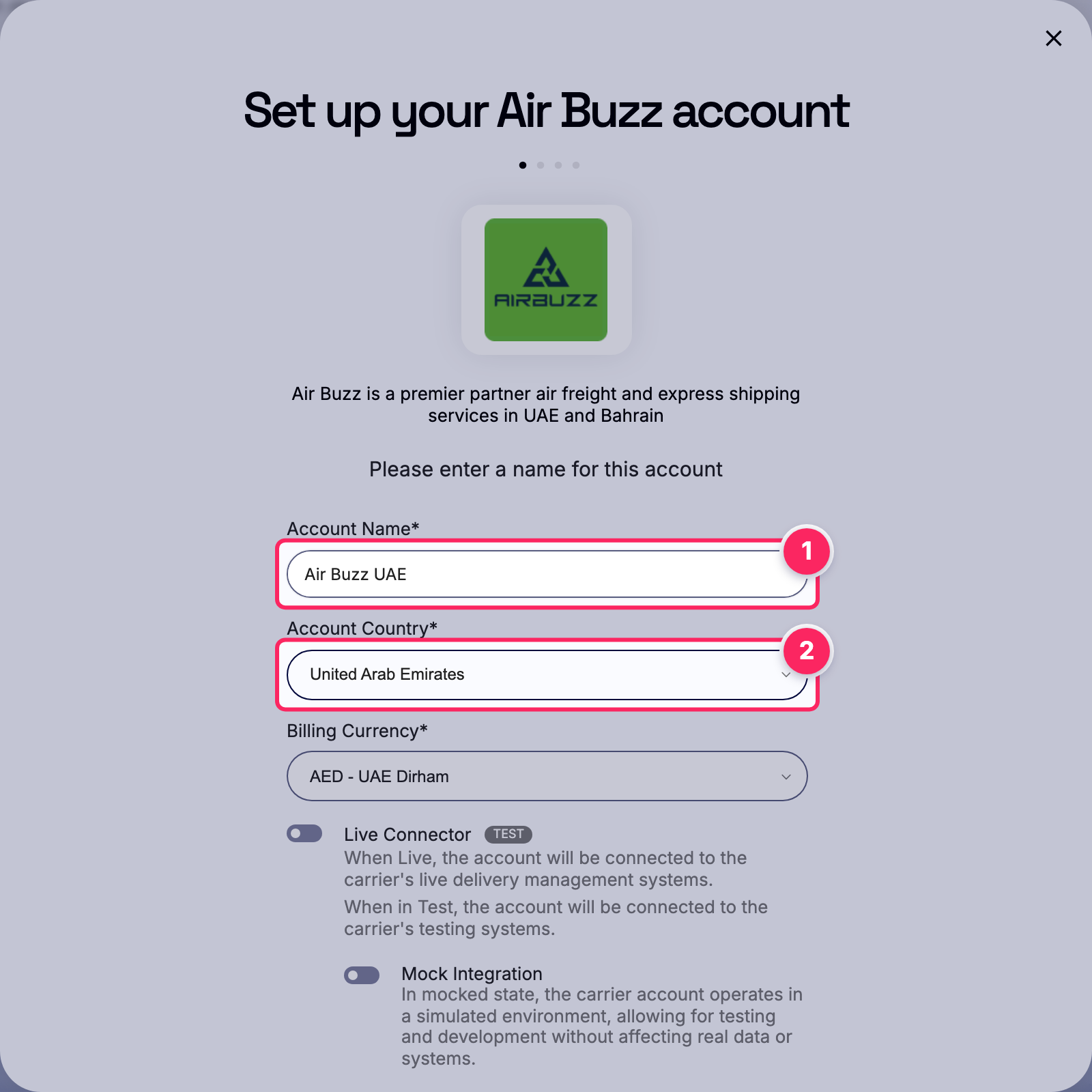 Fill in the account name and country.