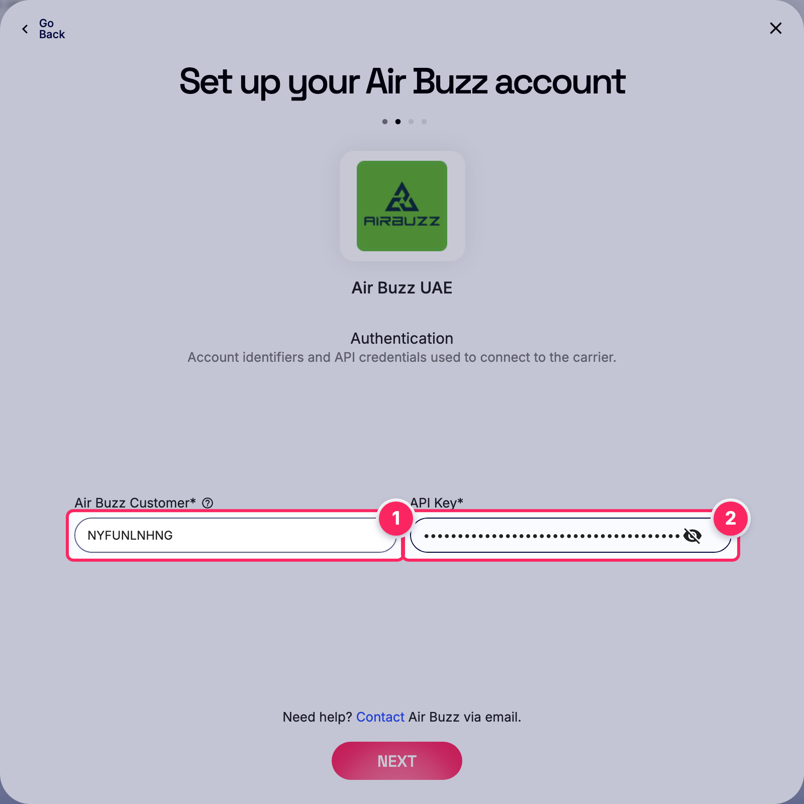Fill in the Air Buzz account details.