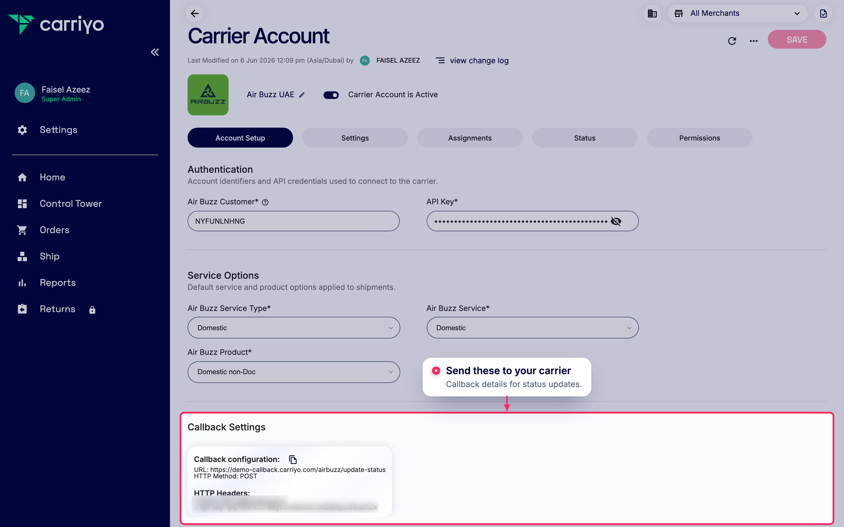 Share callback settings with your carrier
