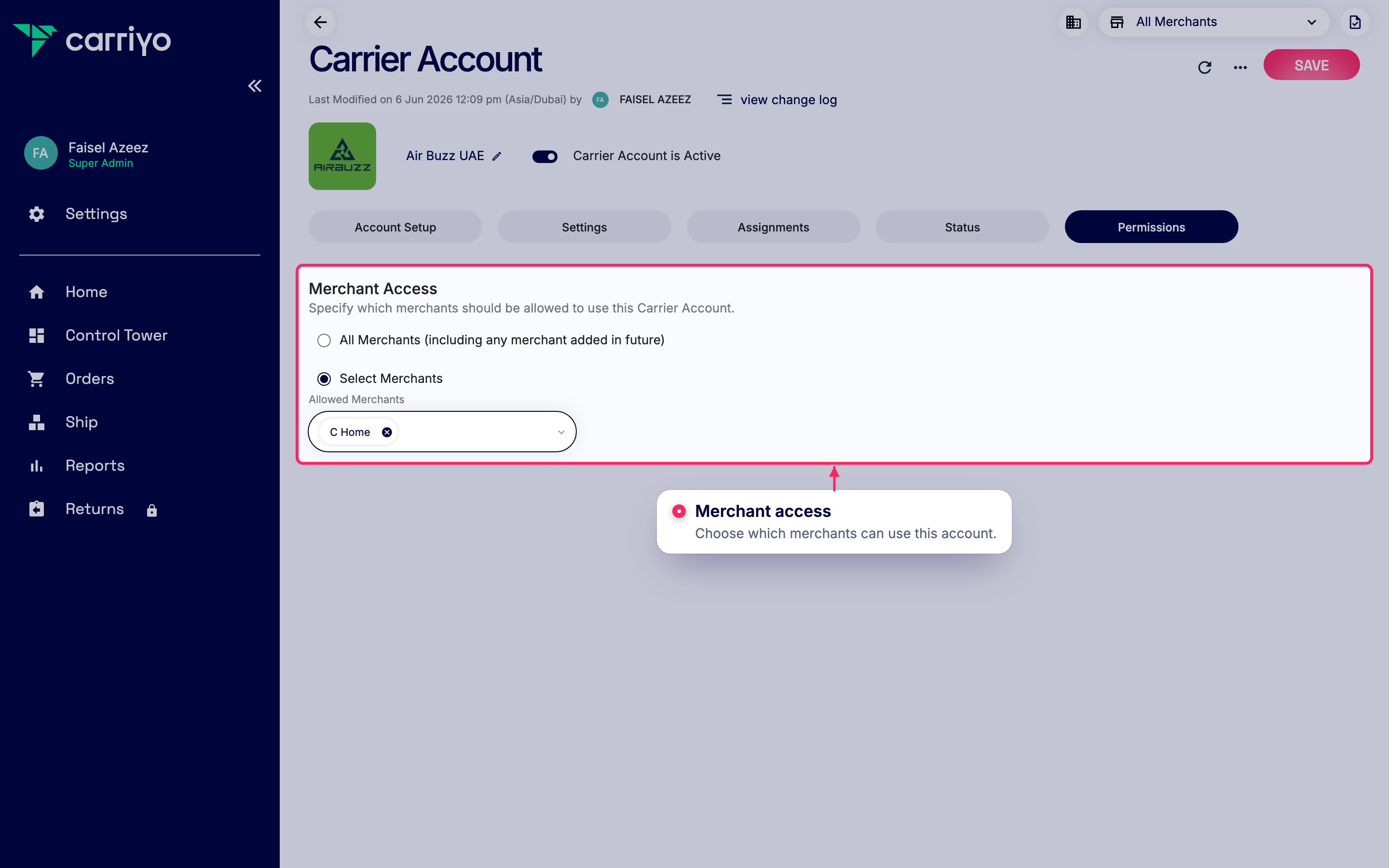 Add merchants to this carrier account