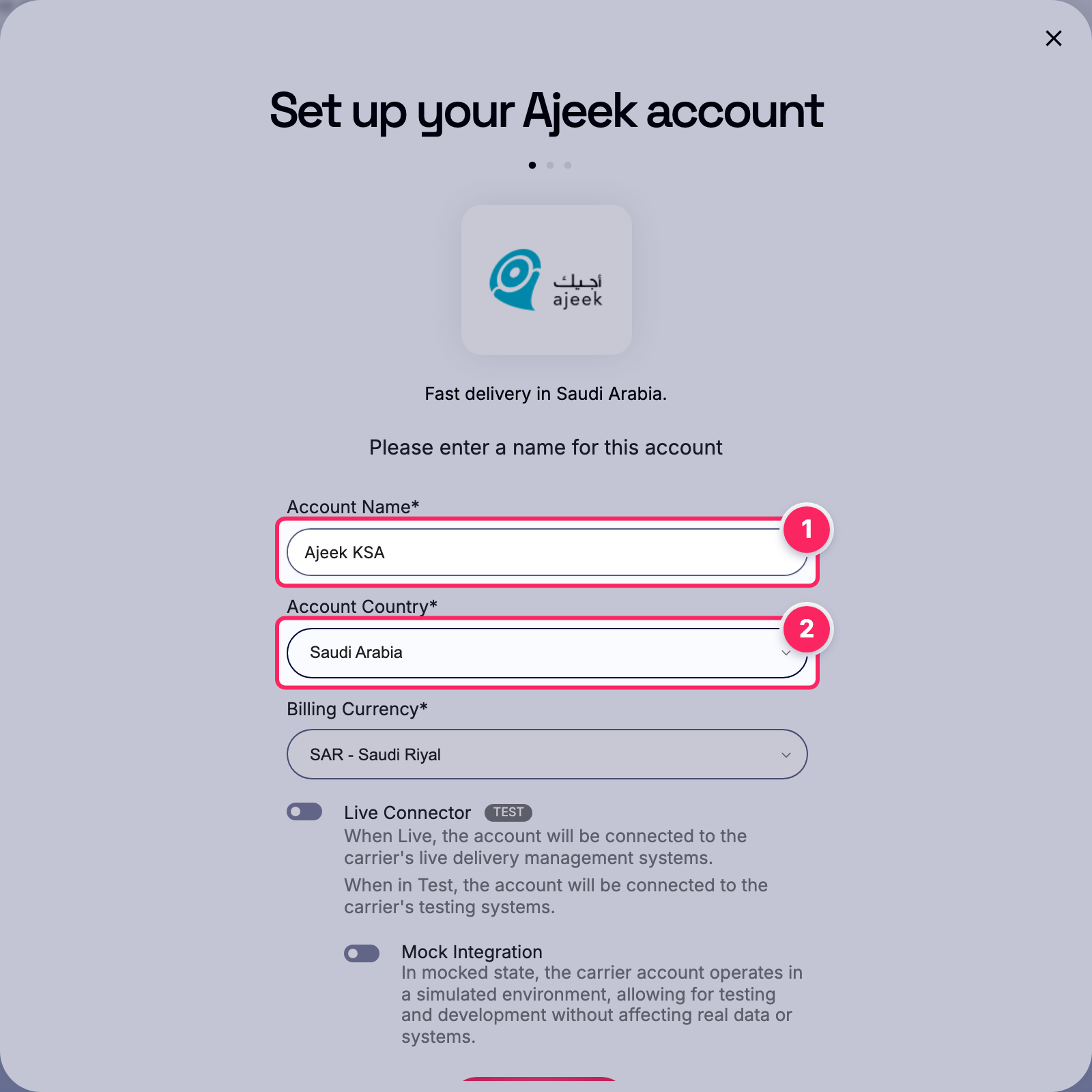 Fill in the account name and country.
