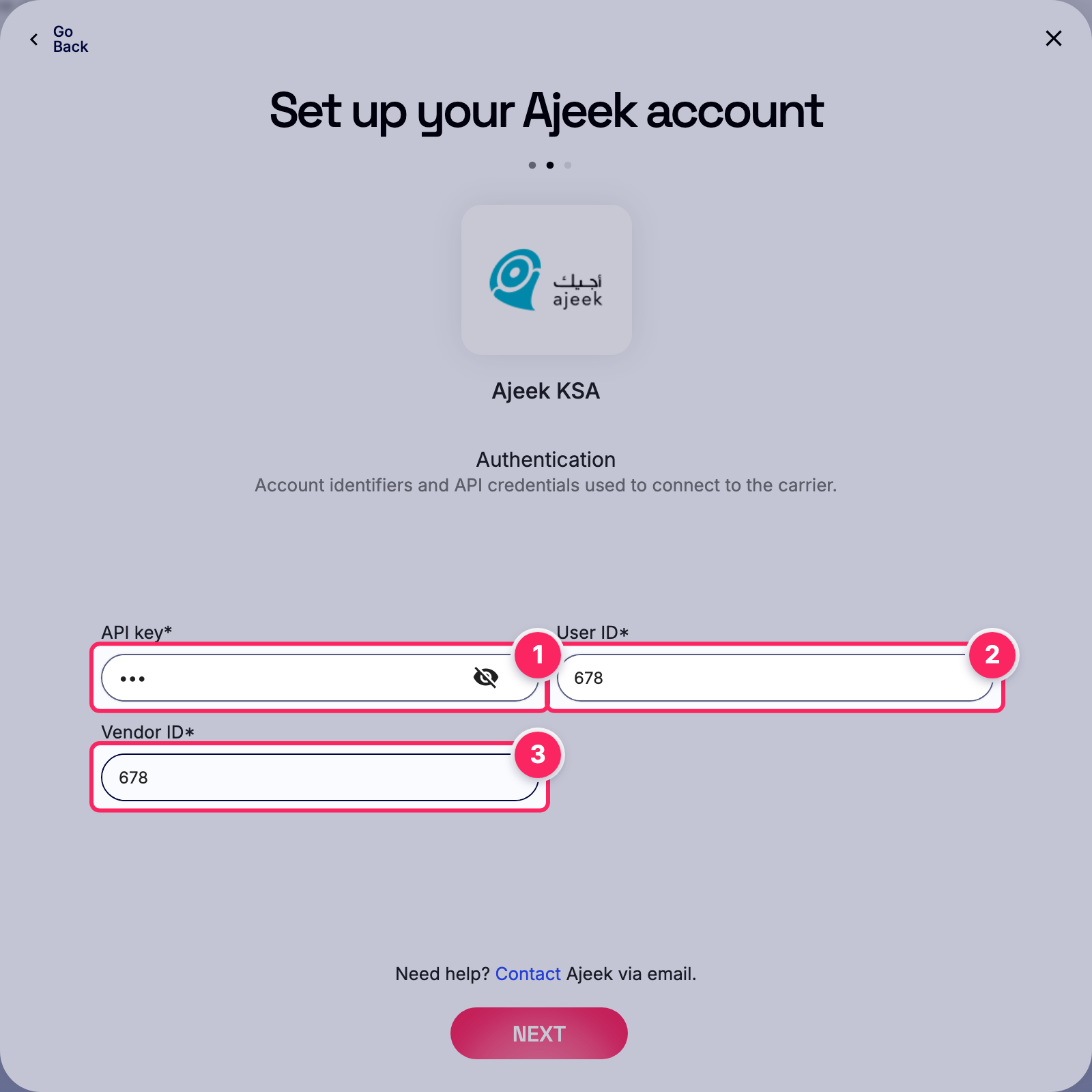 Fill in the Ajeek account details.