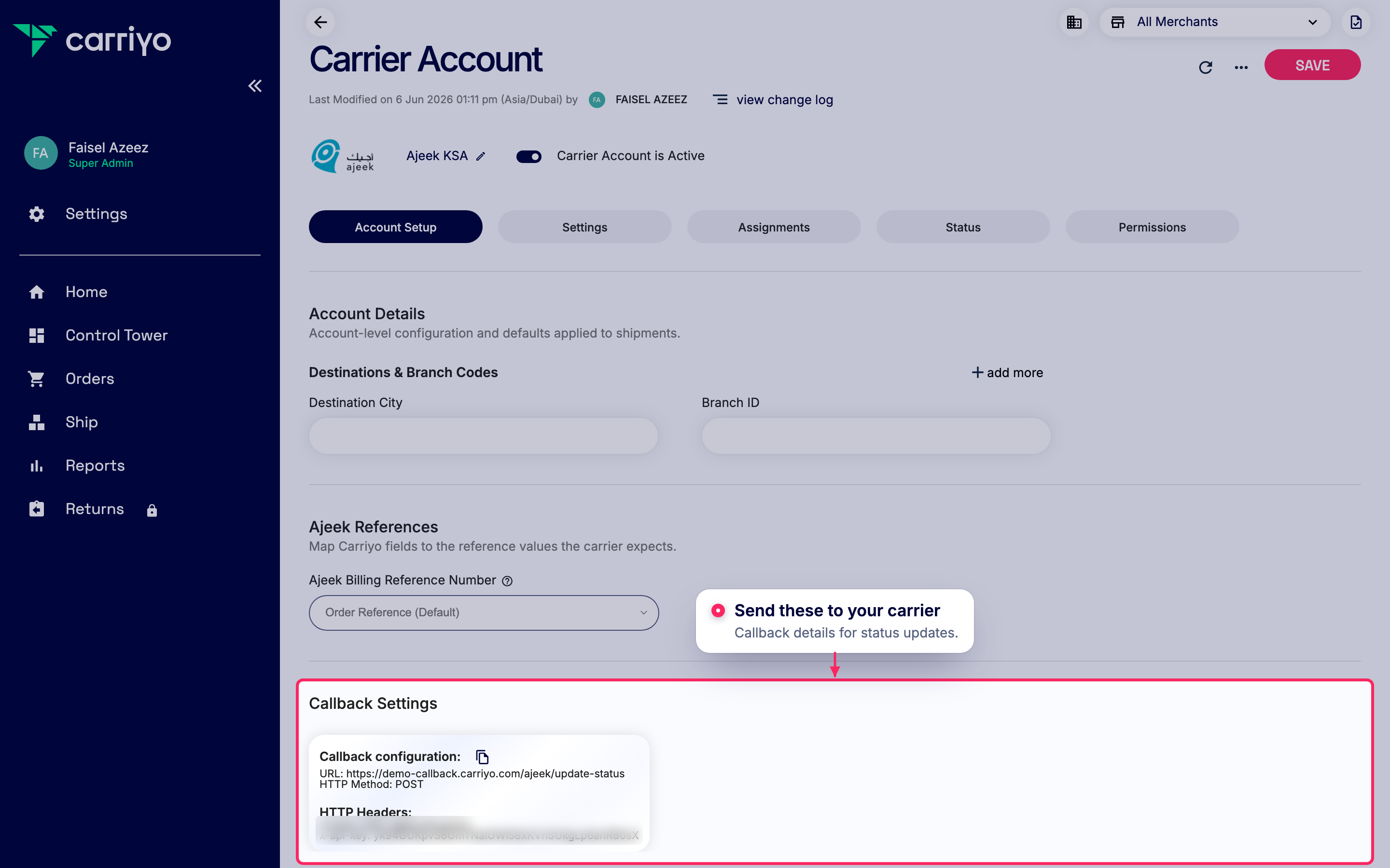 Share callback settings with your carrier