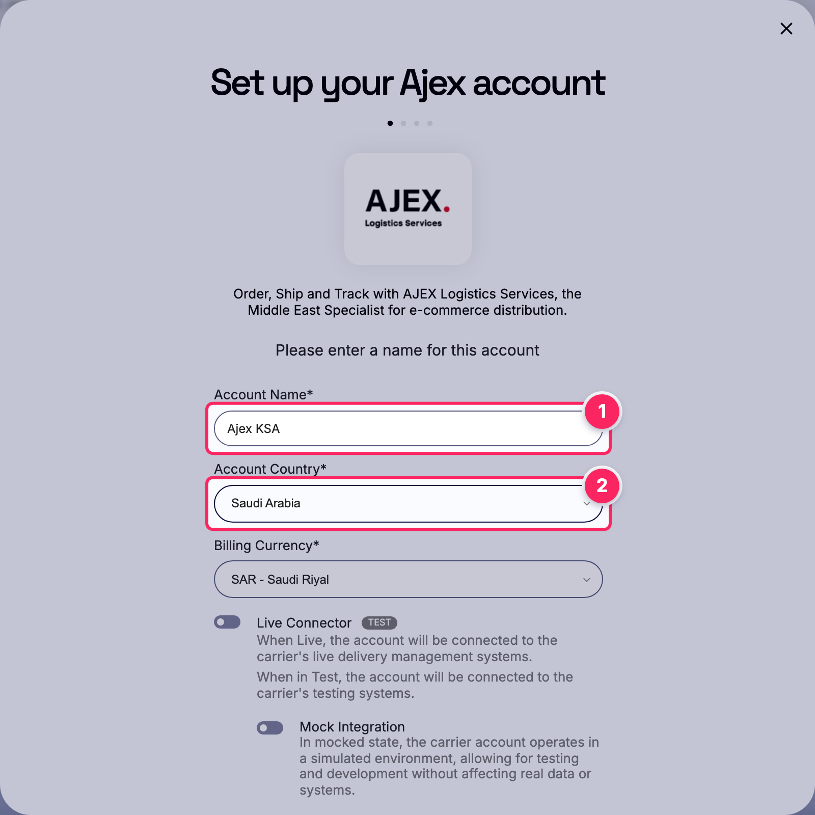 Fill in the account name and country.