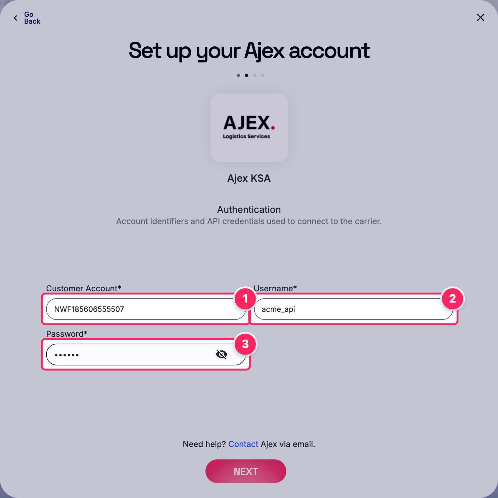 Fill in the Ajex account details.