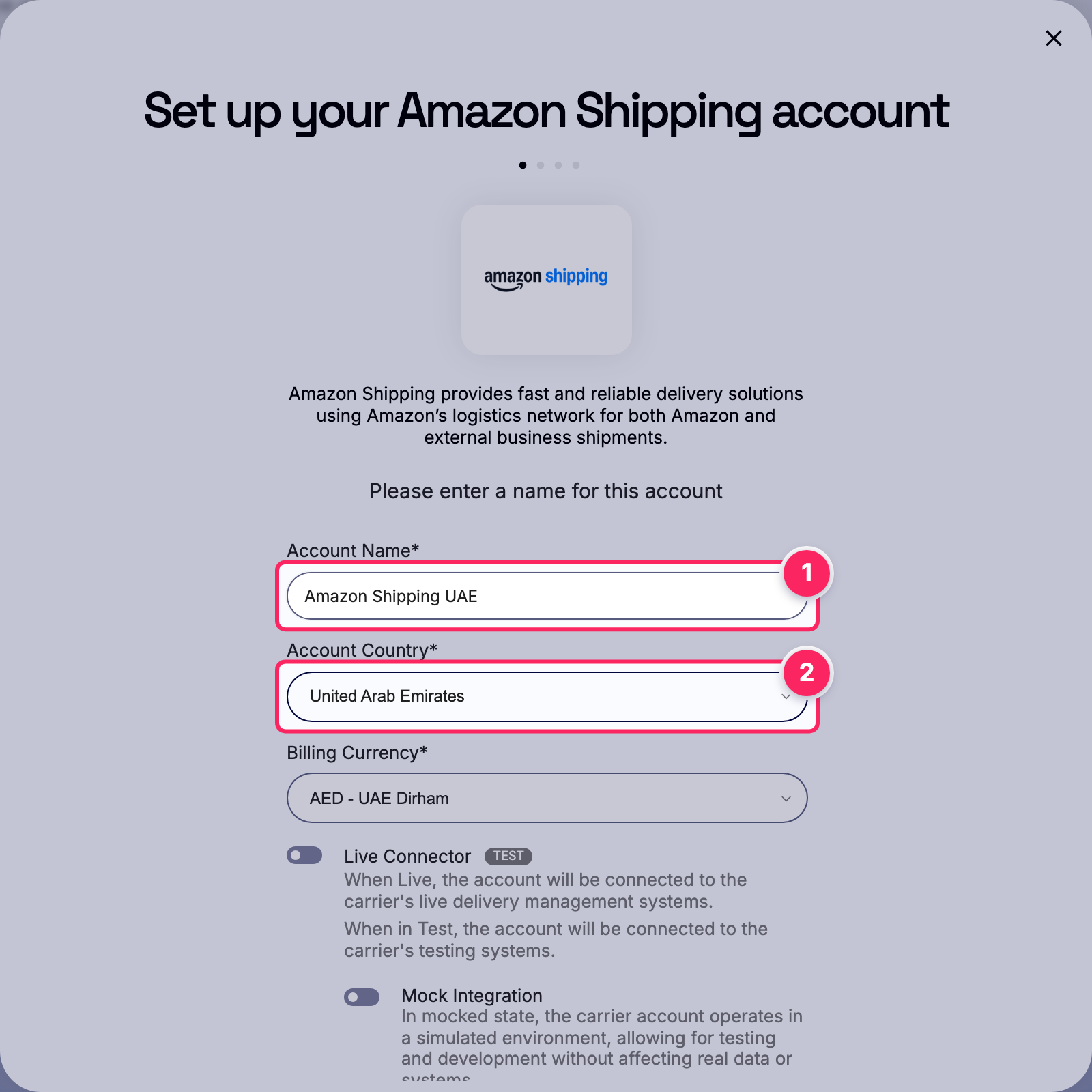Fill in the account name and country.