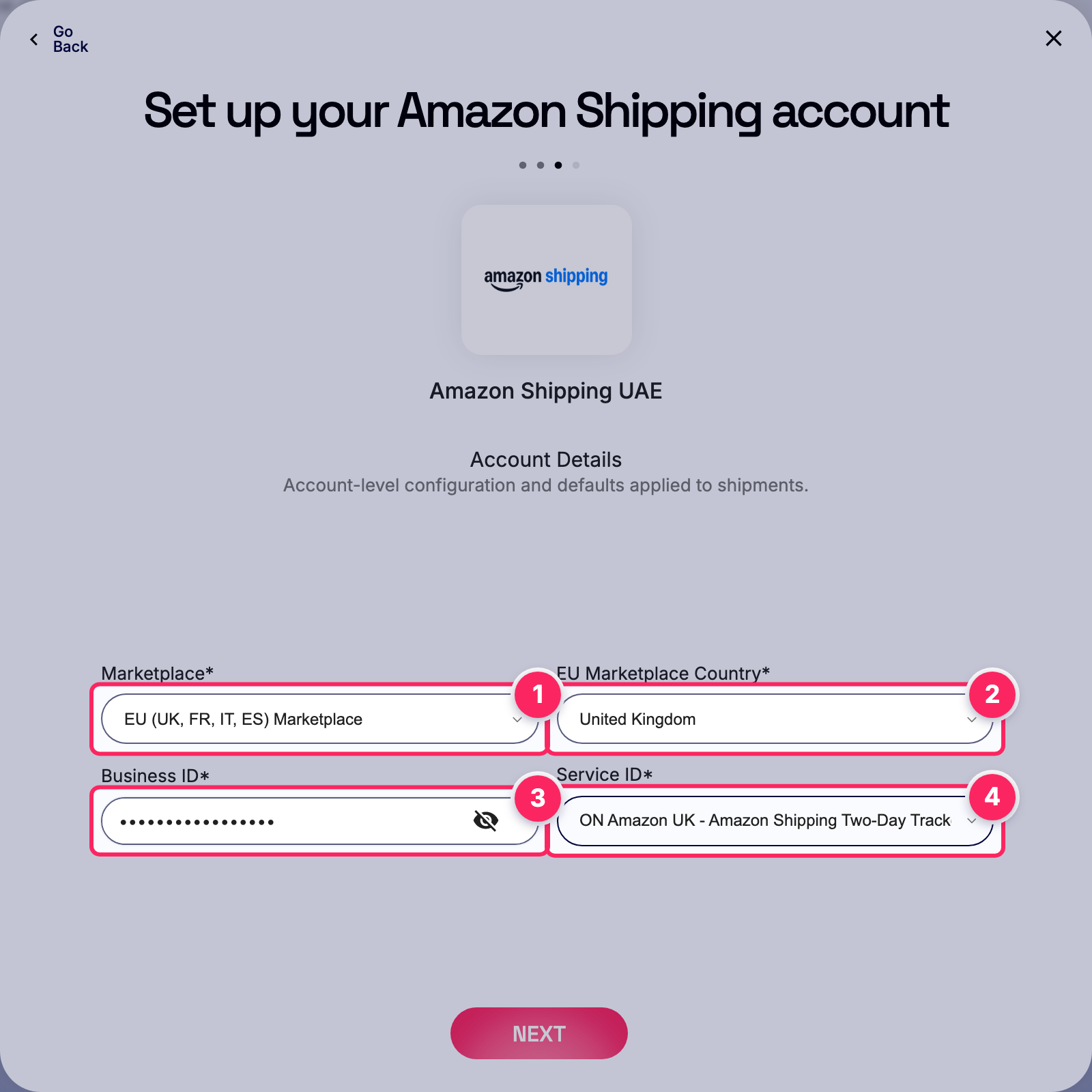 Fill in the Amazon Shipping account details.