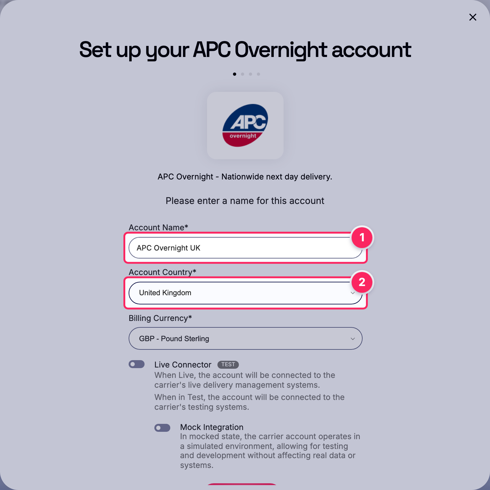 Fill in the account name and country.
