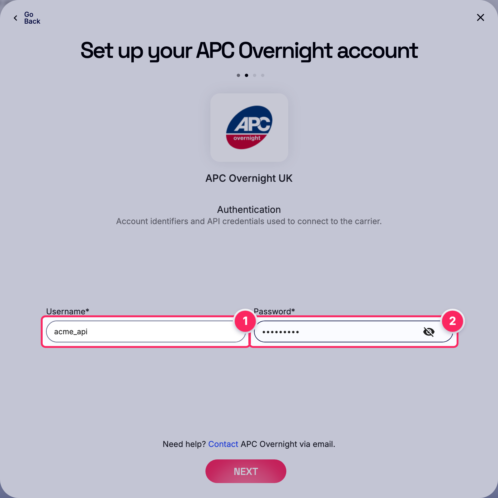 Fill in the APC Overnight account details.