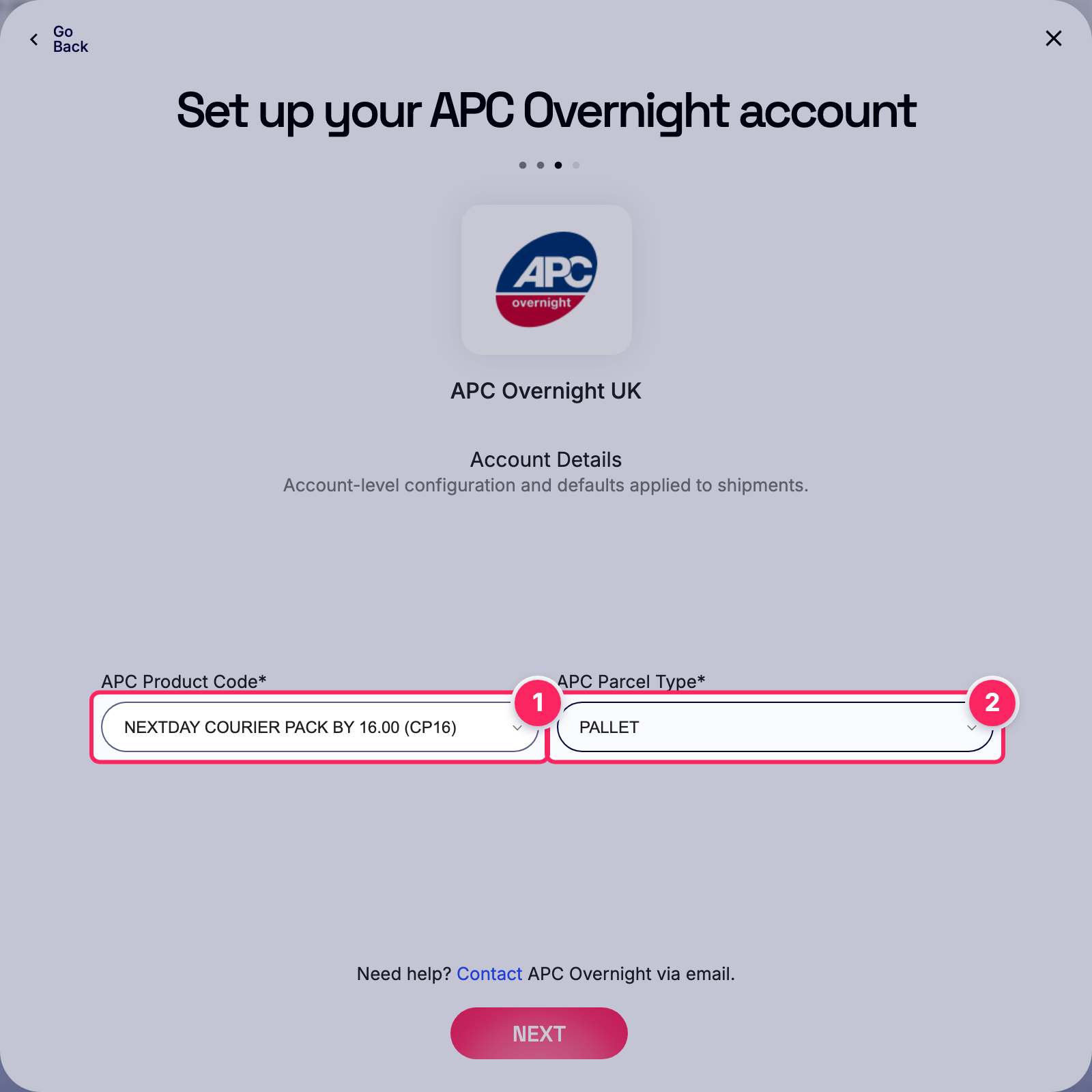 Fill in the APC Overnight account details.
