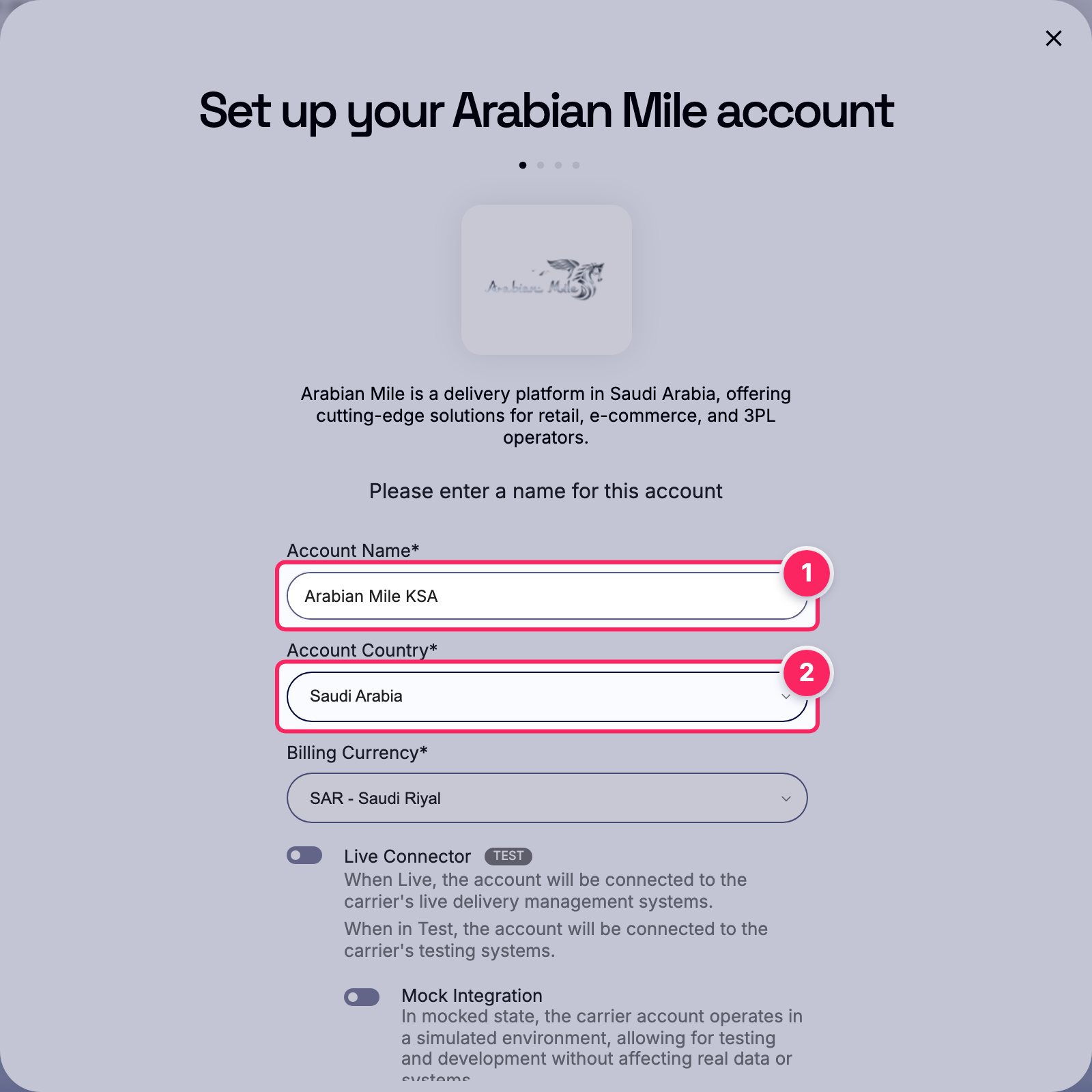 Fill in the account name and country.