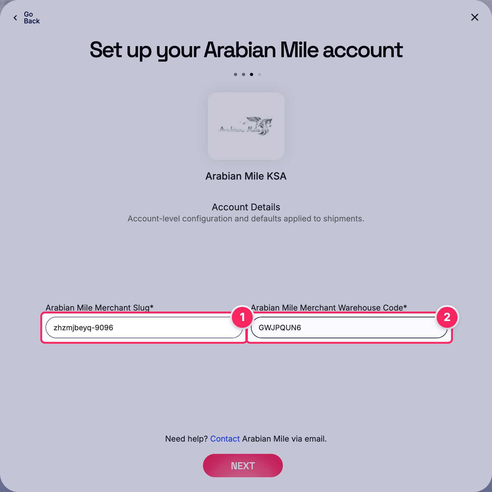 Fill in the Arabian Mile account details.