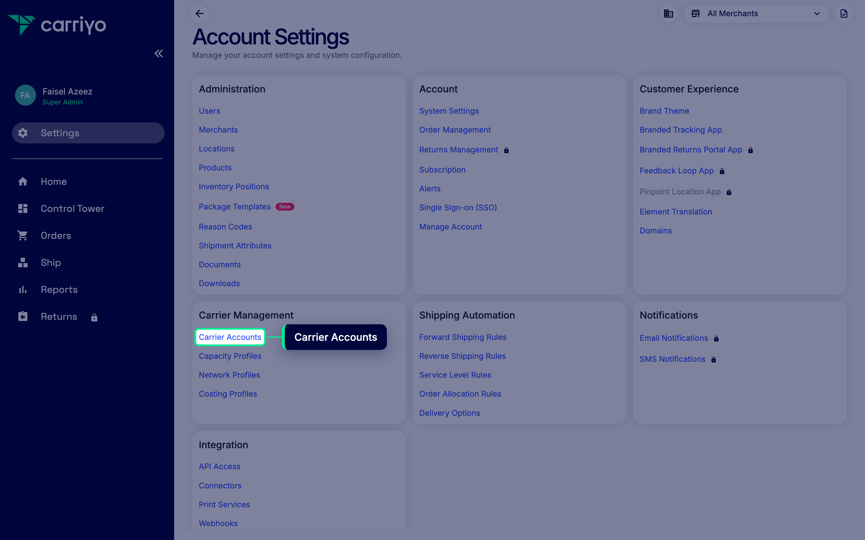 Settings menu expanded with the Carrier Accounts link highlighted