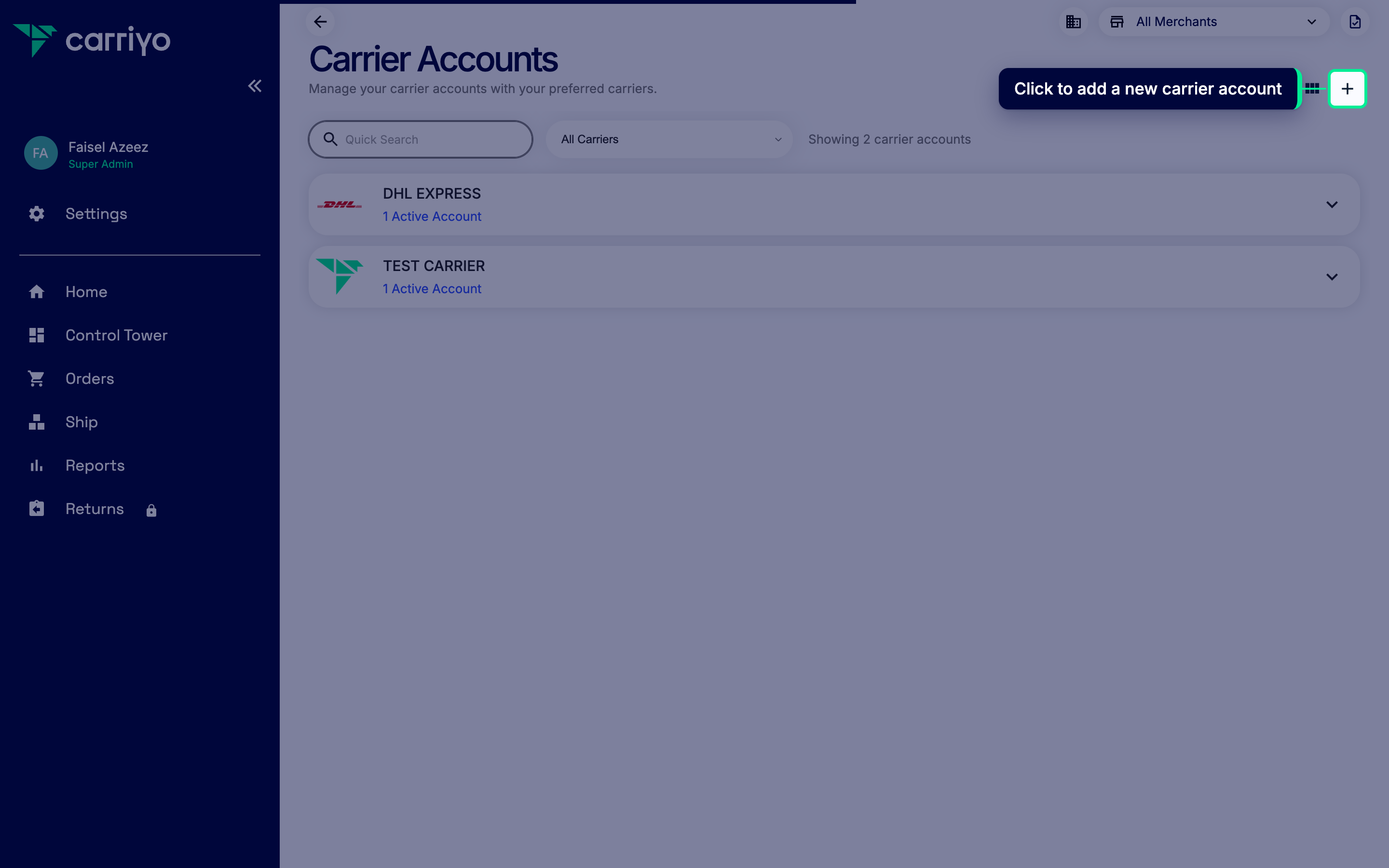Carrier accounts list with the add carrier account button highlighted