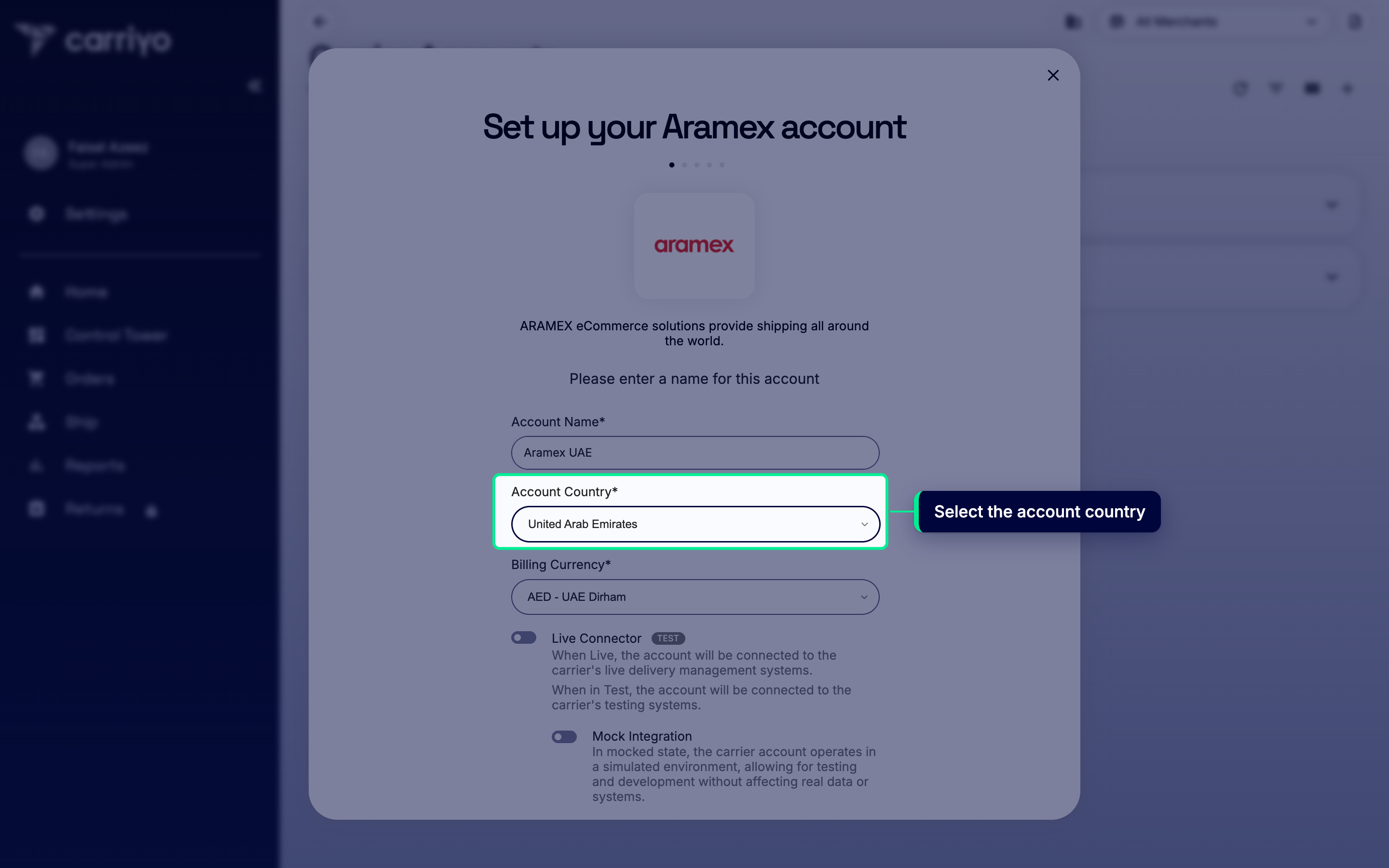 Account Country field with United Arab Emirates selected