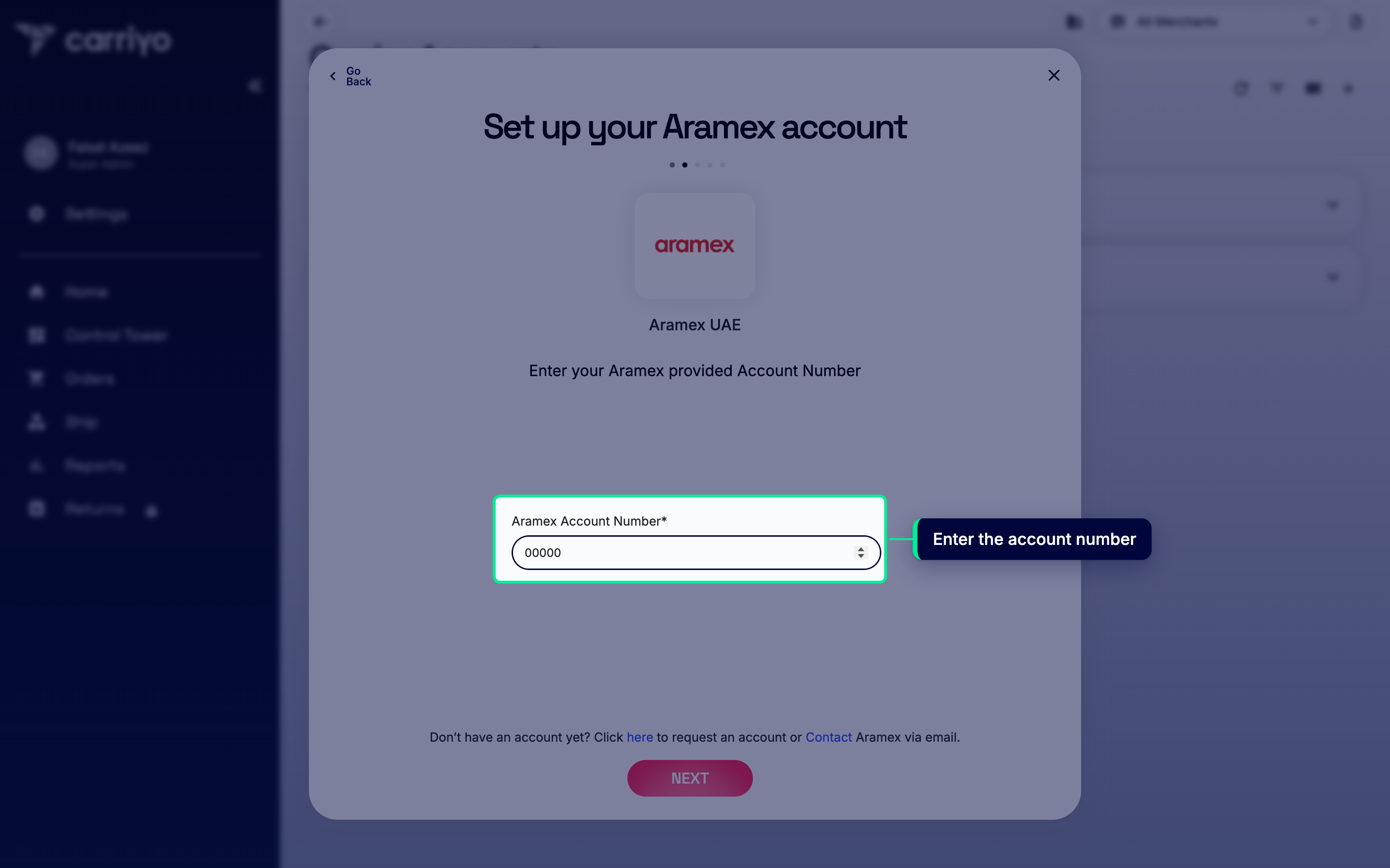 Aramex Account Number field with a sample account number entered