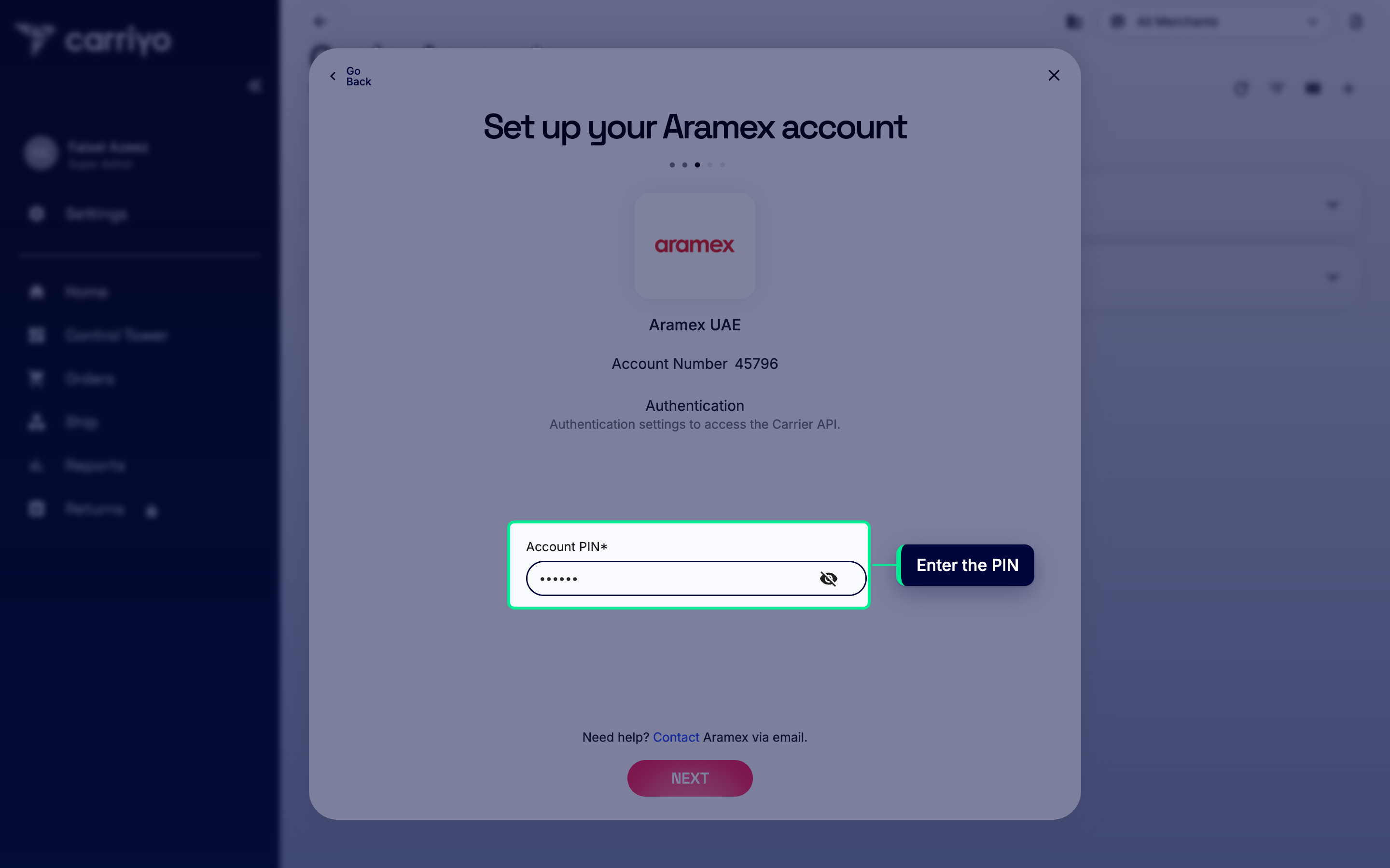 Account PIN field with a sample PIN entered