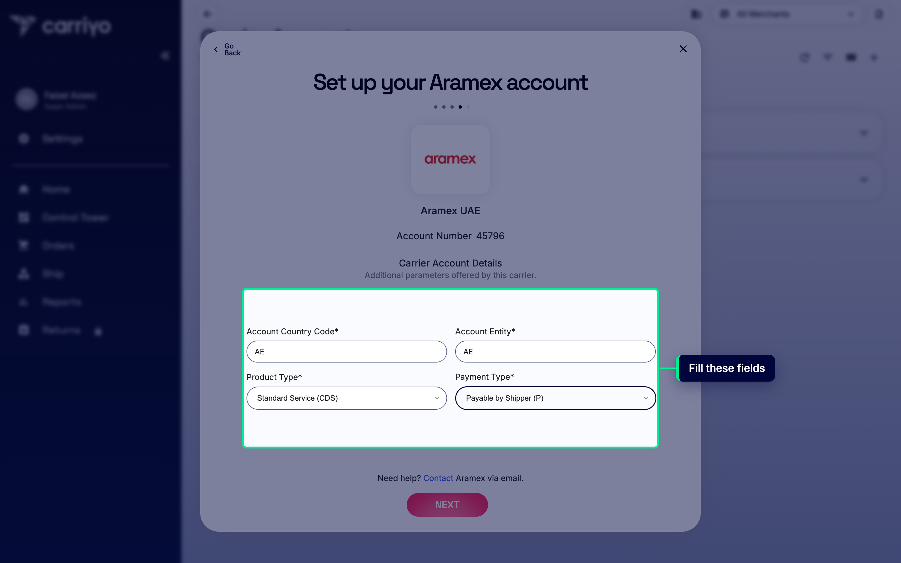 Account Country Code, Account Entity, Product Type, and Payment Type fields filled in