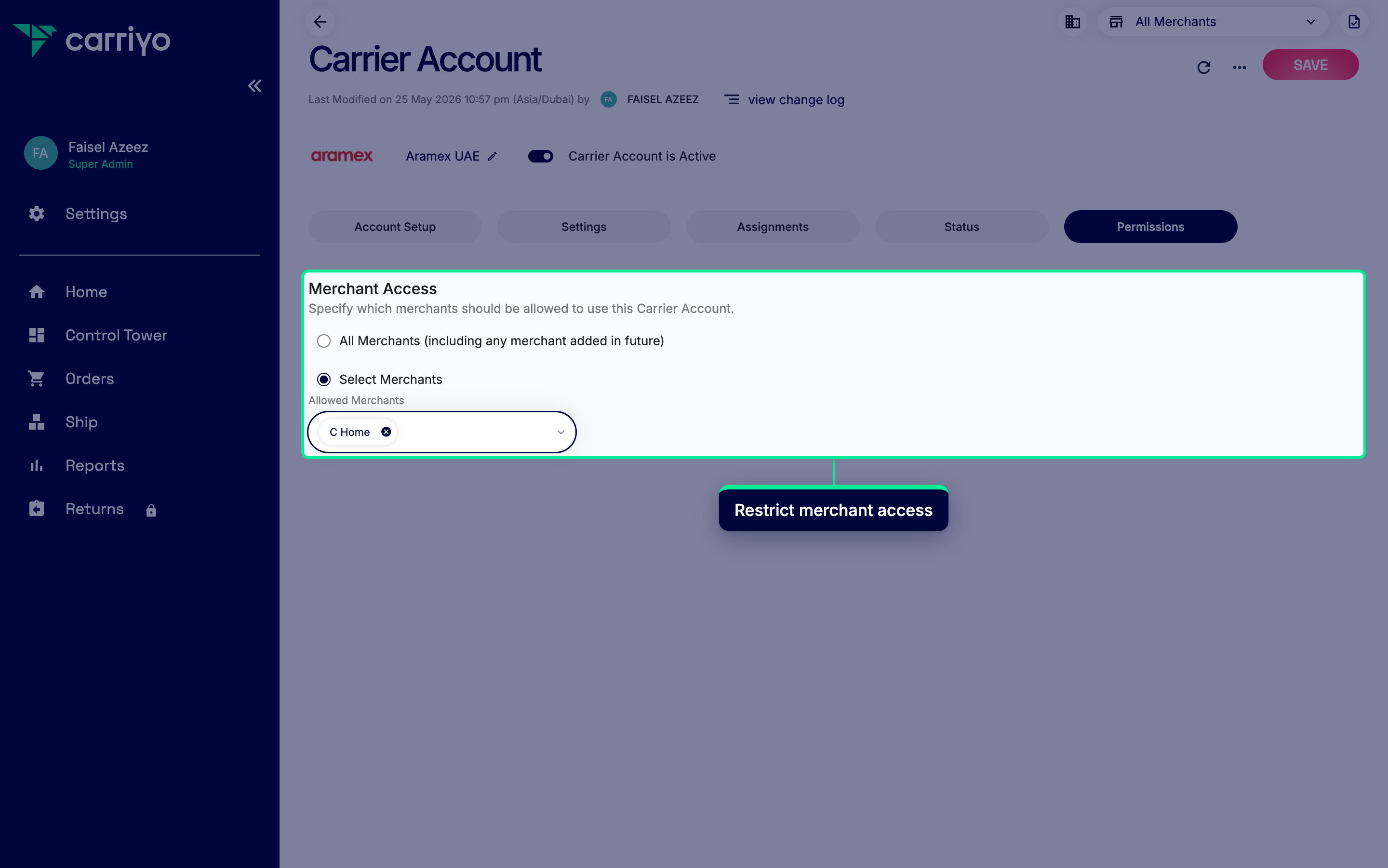 Permissions tab with C Home added to the merchant picker