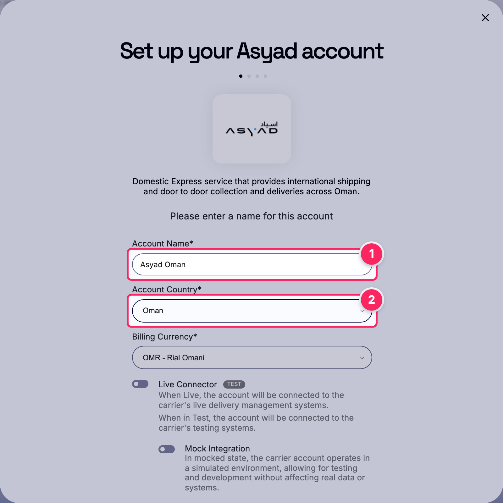 Fill in the account name and country.
