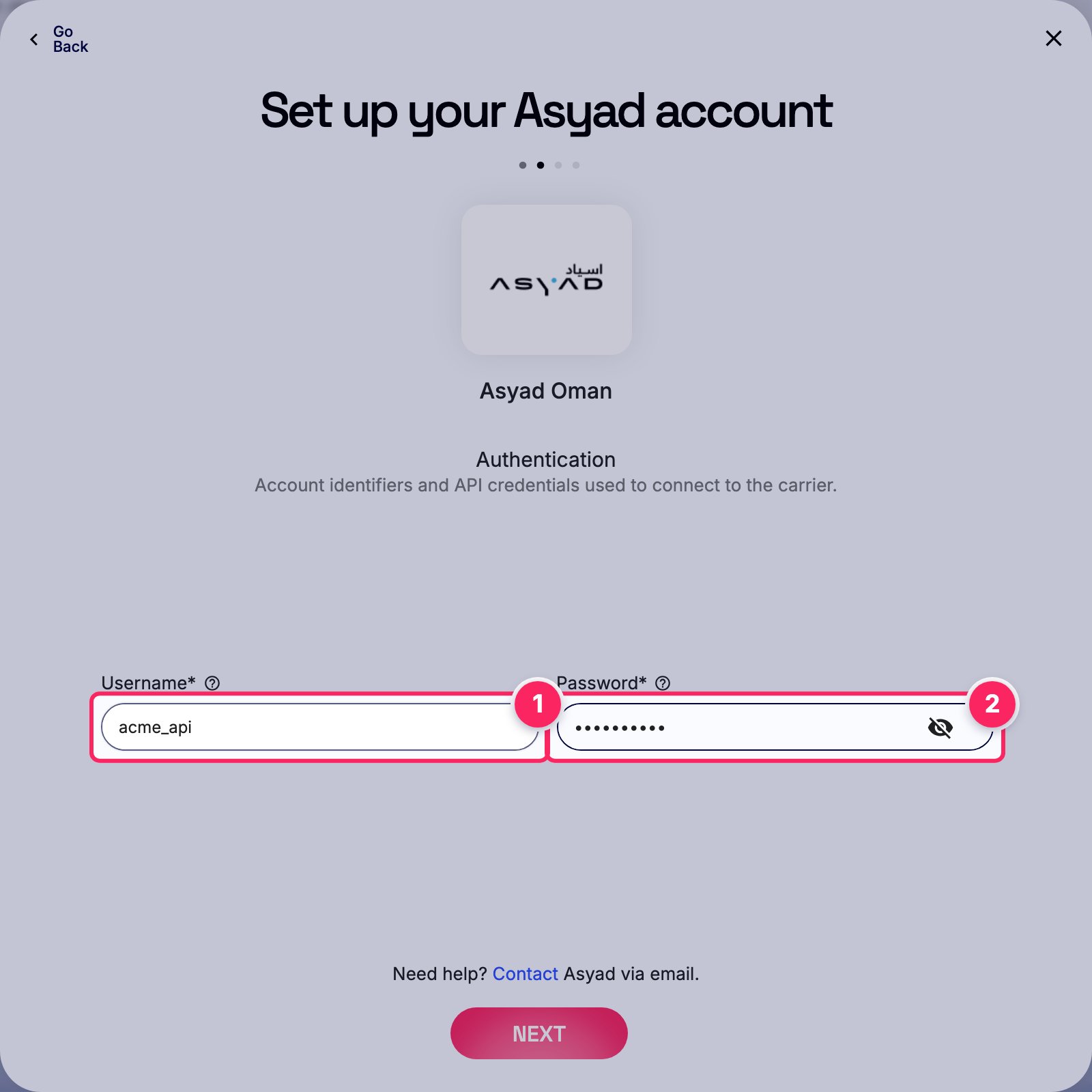 Fill in the Asyad account details.
