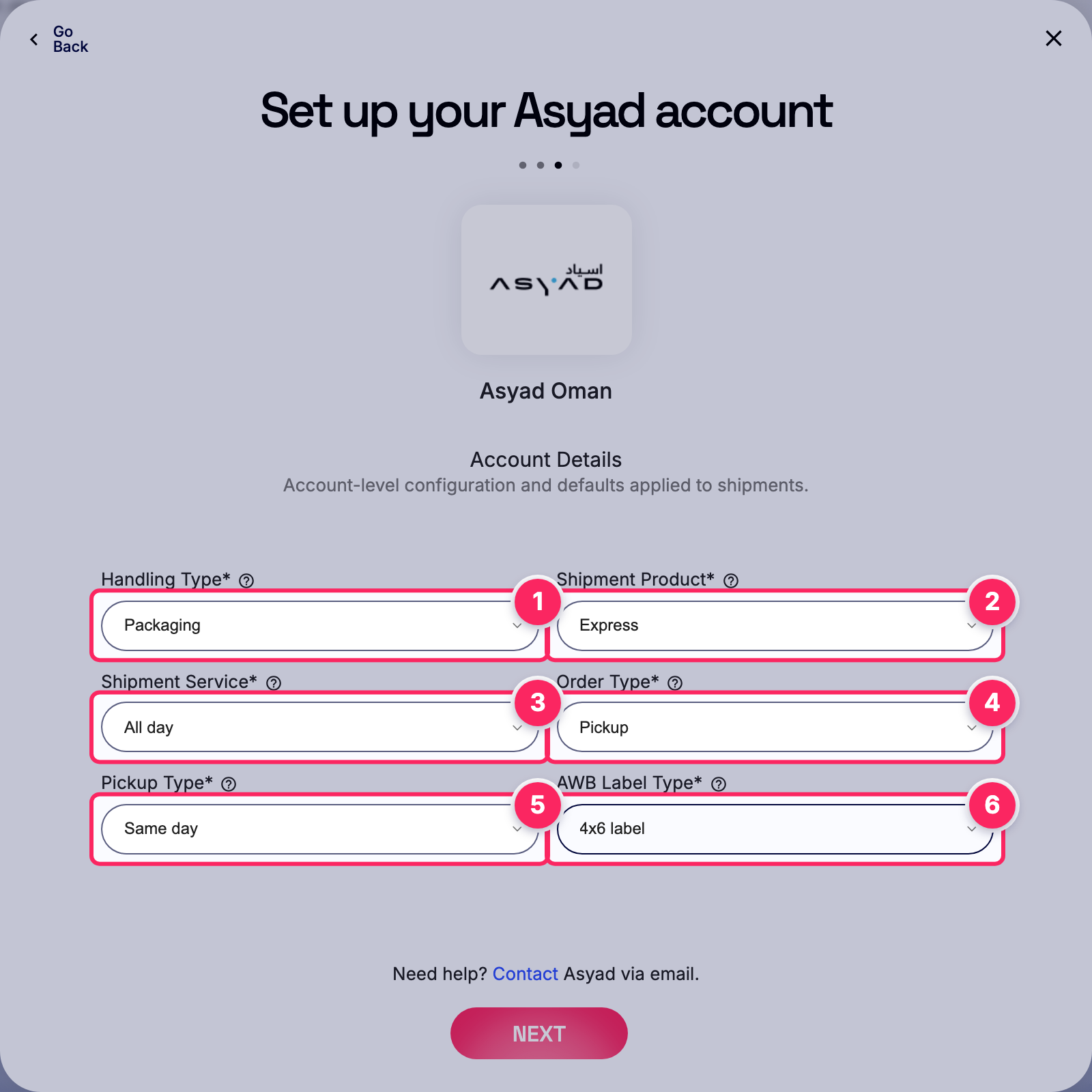 Fill in the Asyad account details.