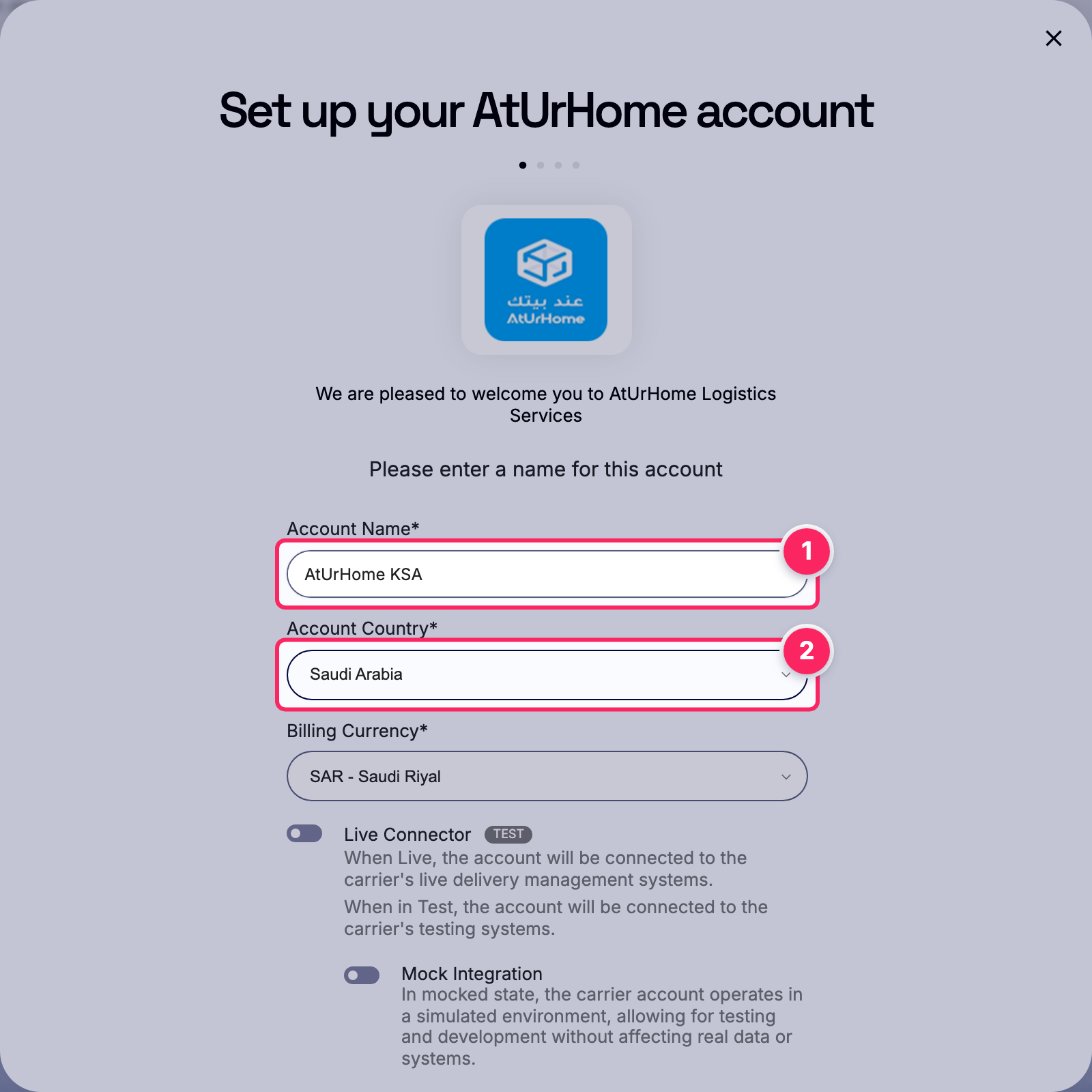 Fill in the account name and country.