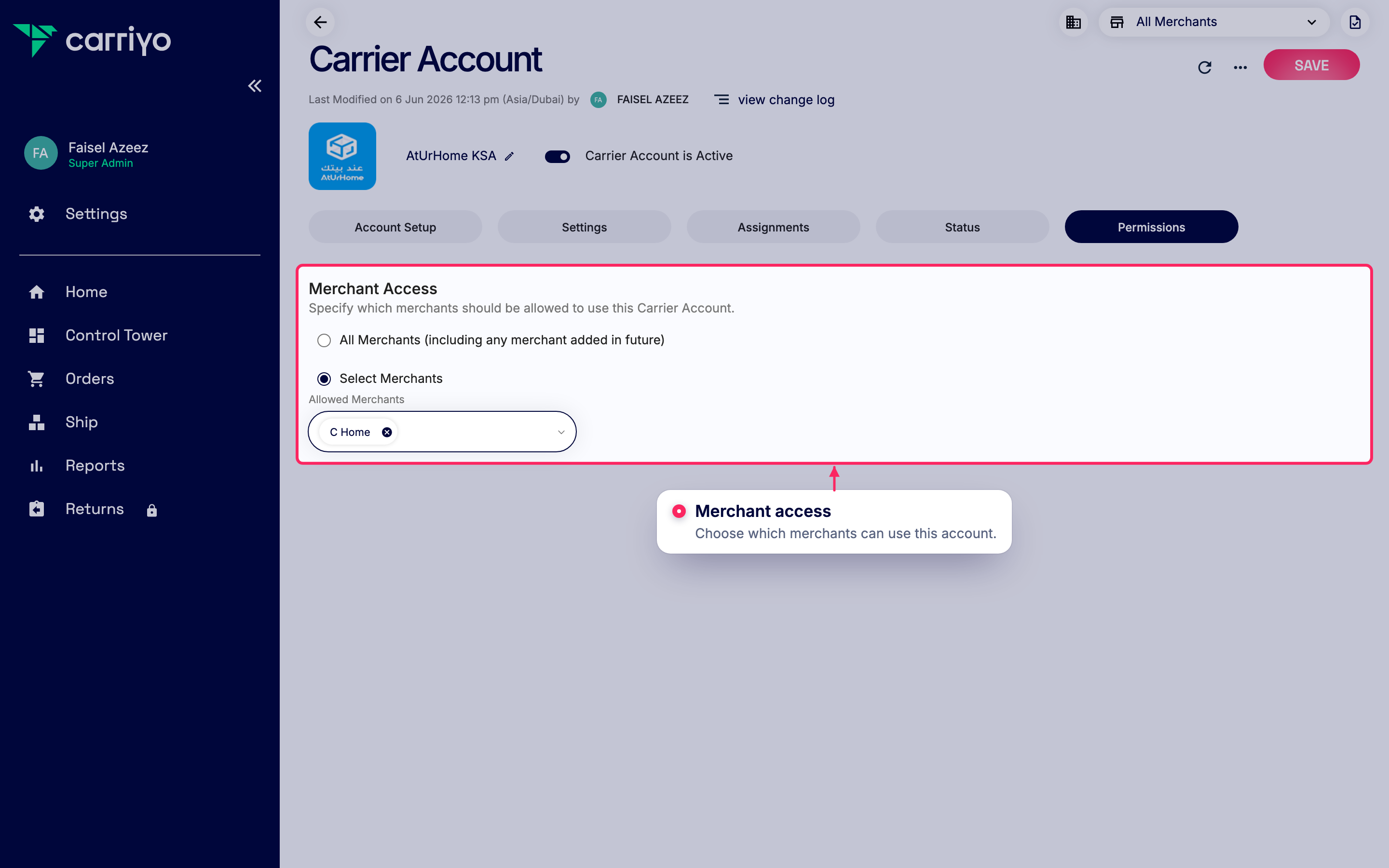 Add merchants to this carrier account