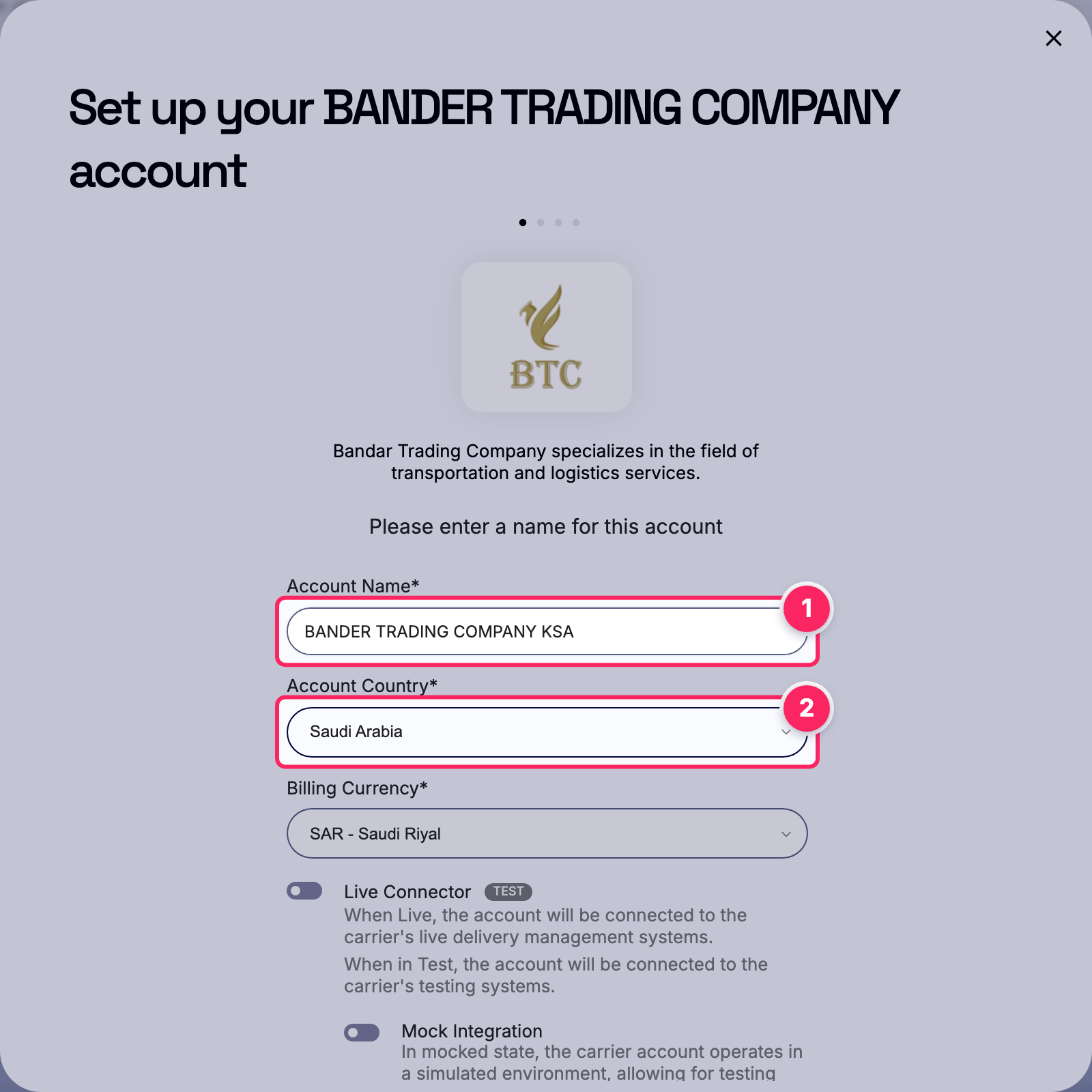 Fill in the account name and country.
