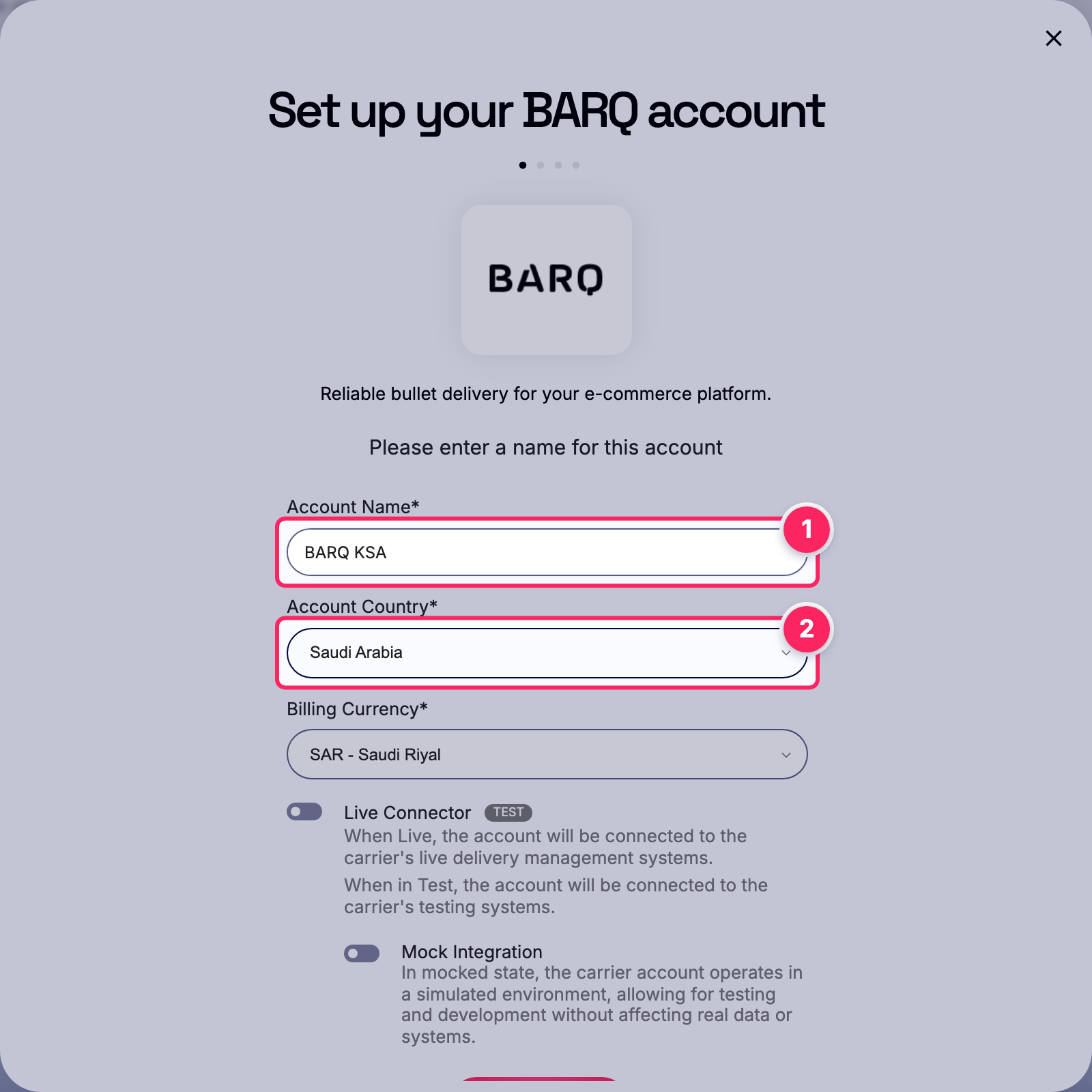 Fill in the account name and country.