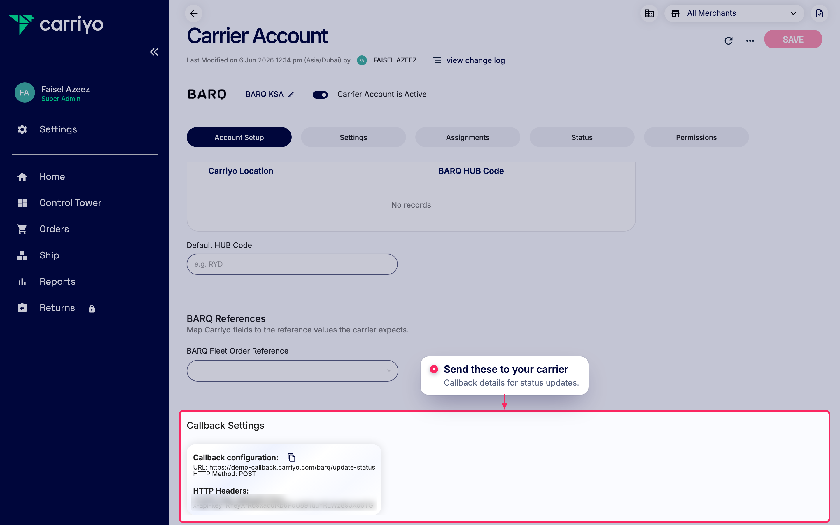 Share callback settings with your carrier