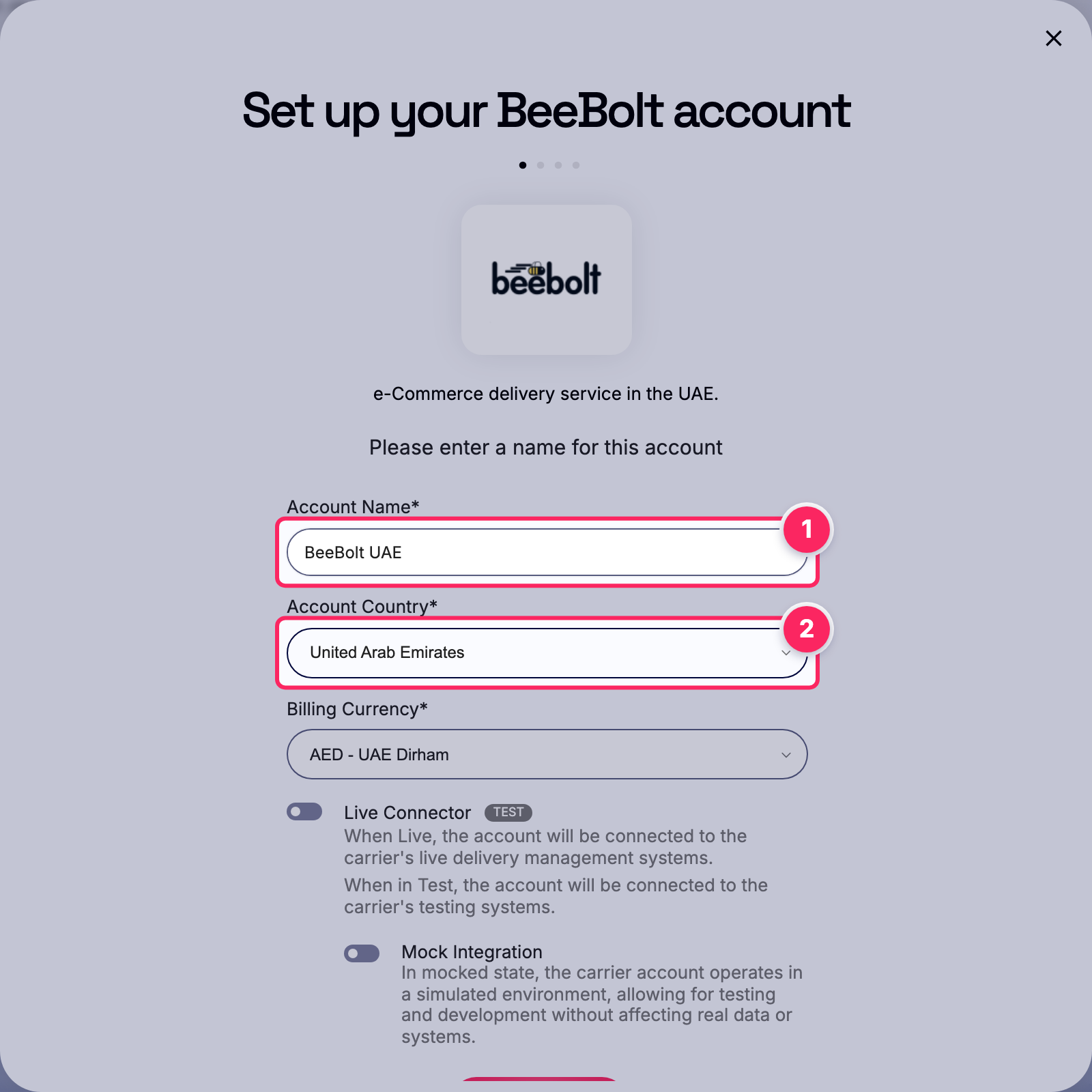 Fill in the account name and country.
