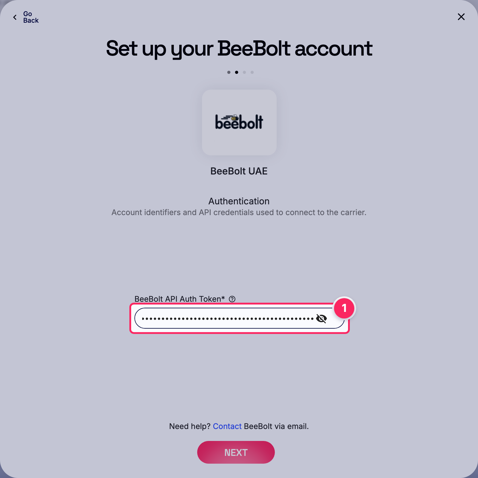 Enter beebolt api auth token.