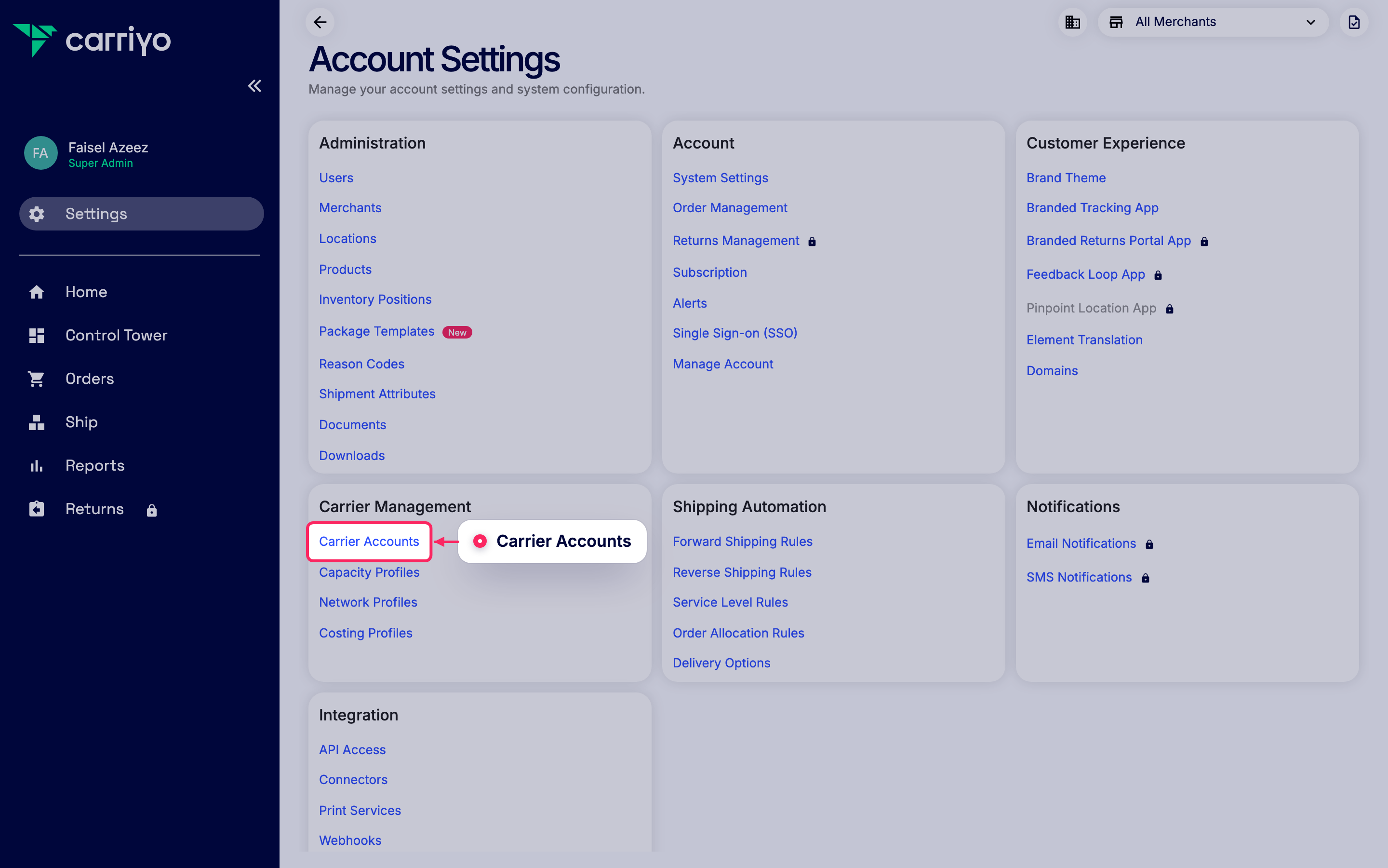 Go to Carrier Accounts