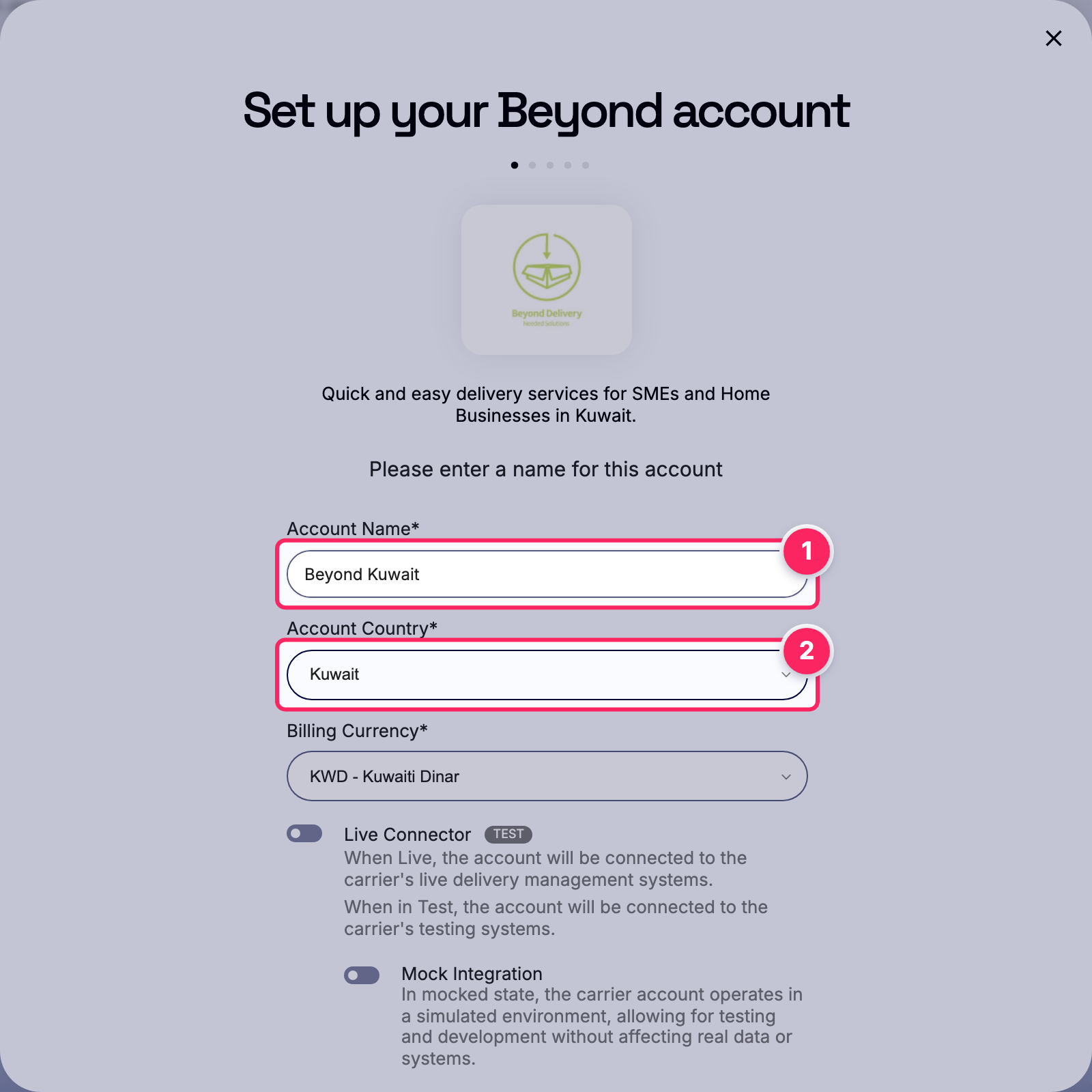 Fill in the account name and country.