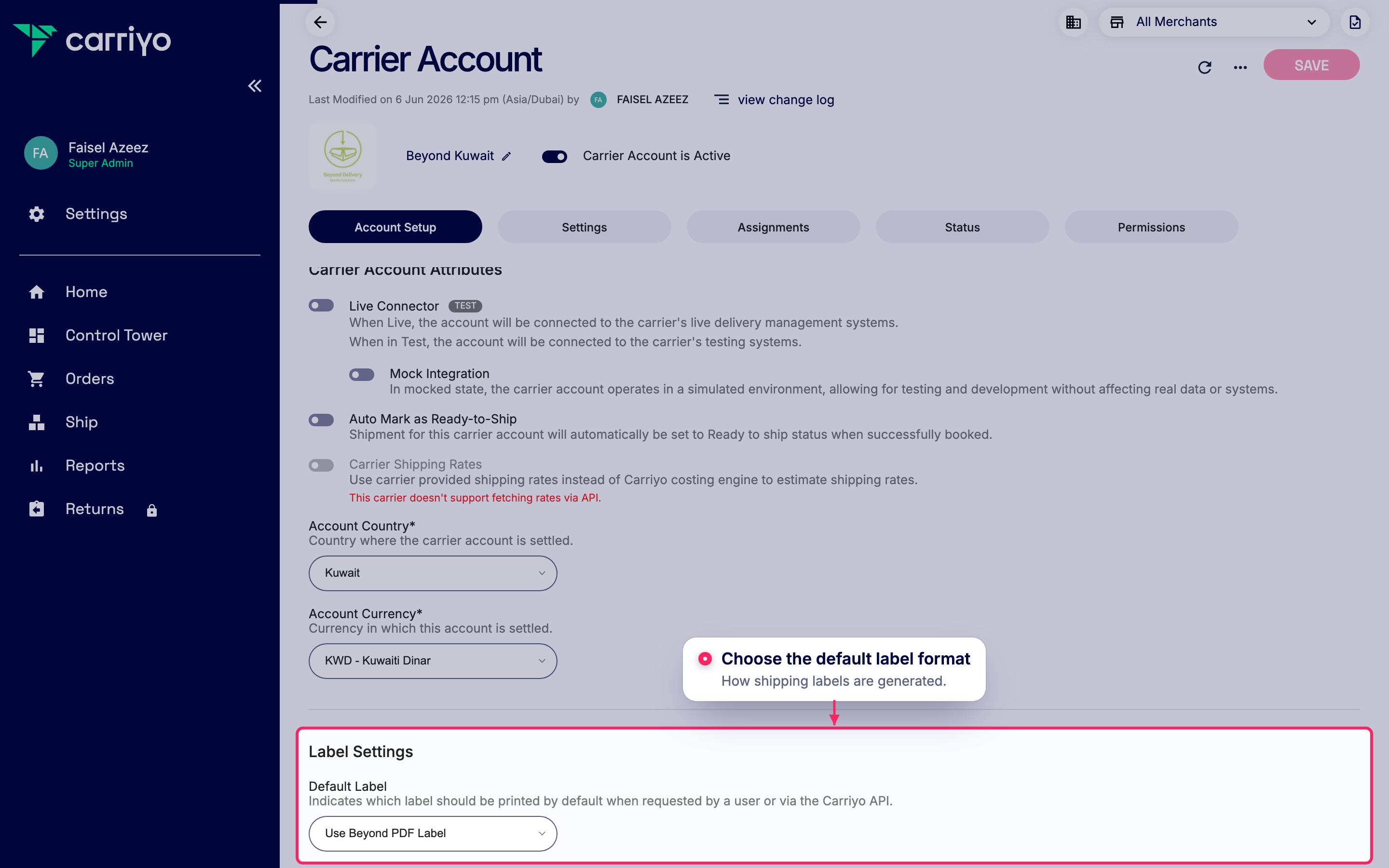 Set the default label format