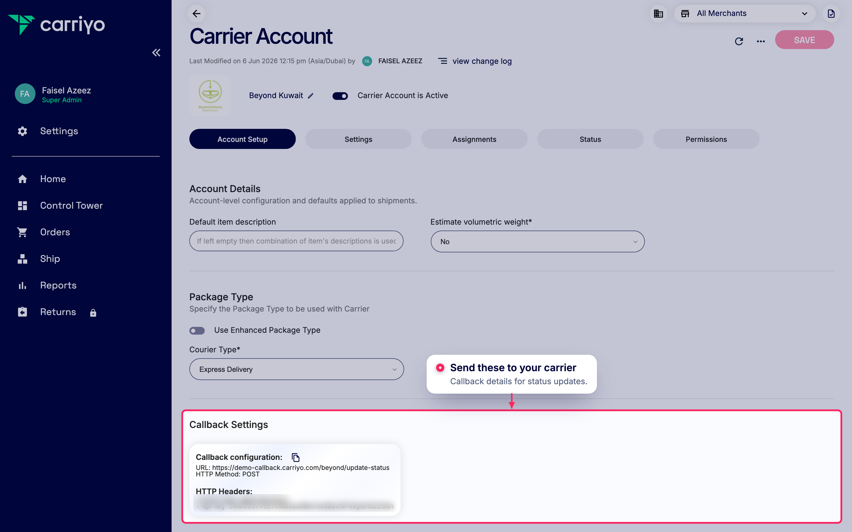 Share callback settings with your carrier