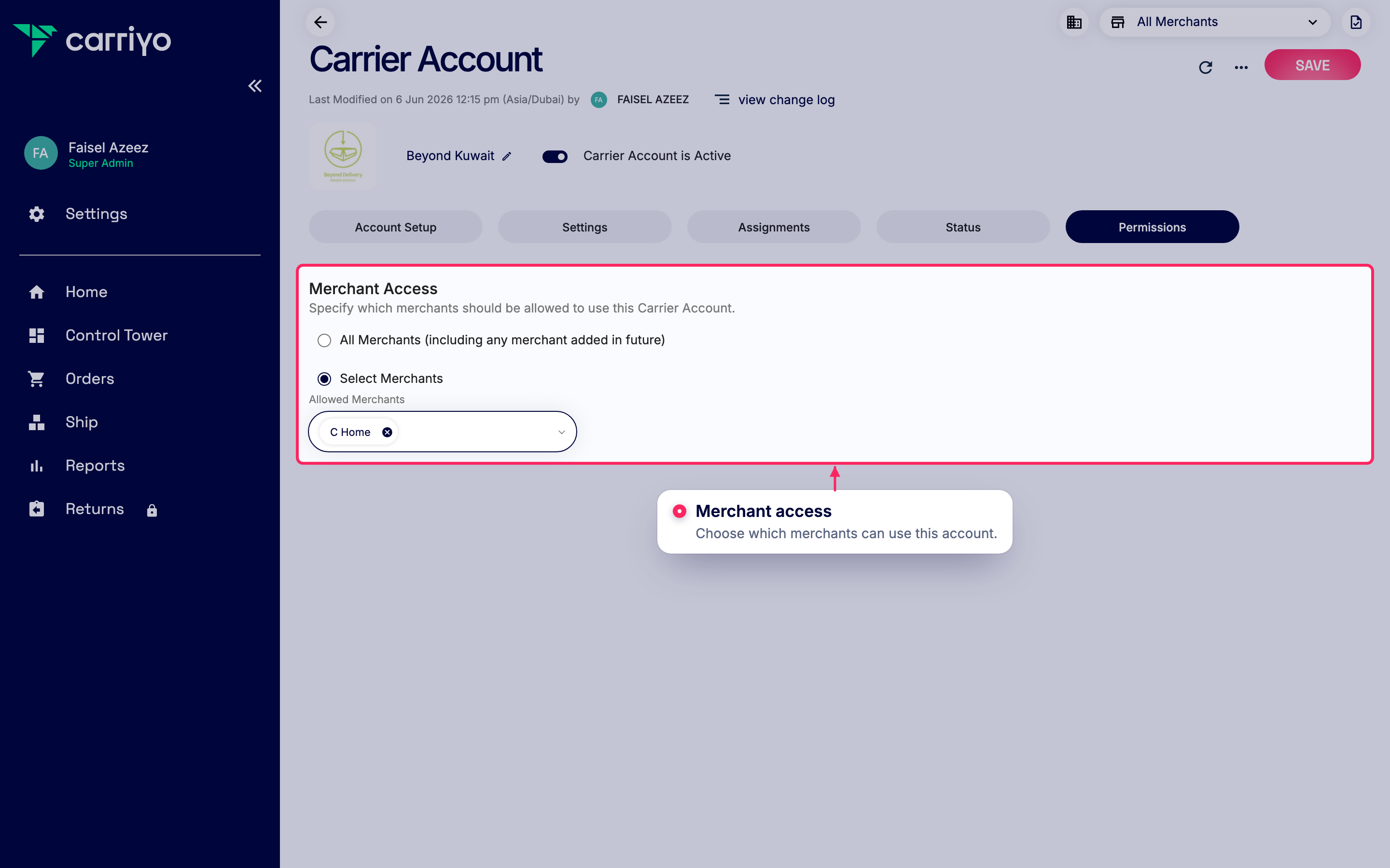 Add merchants to this carrier account