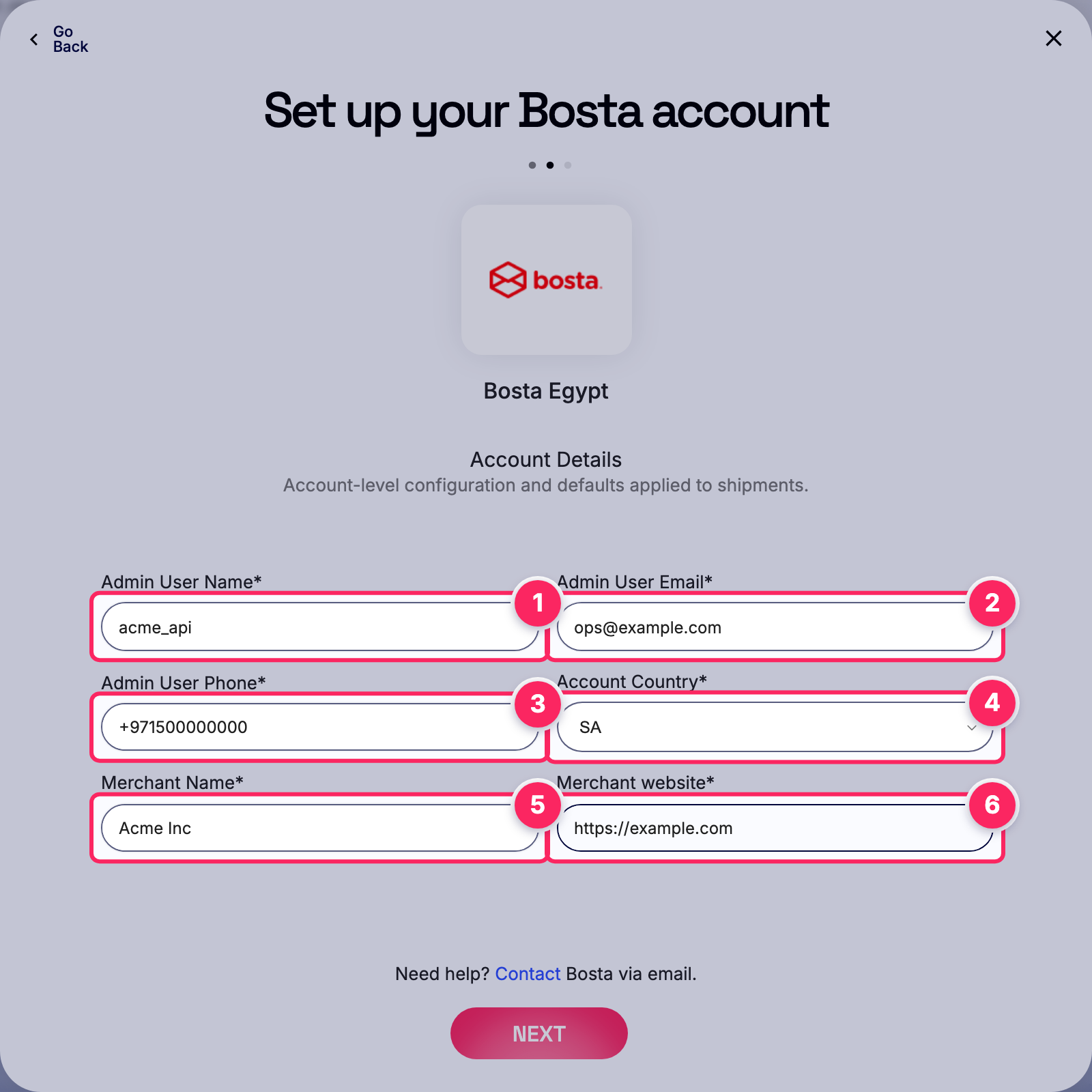 Fill in the Bosta account details.