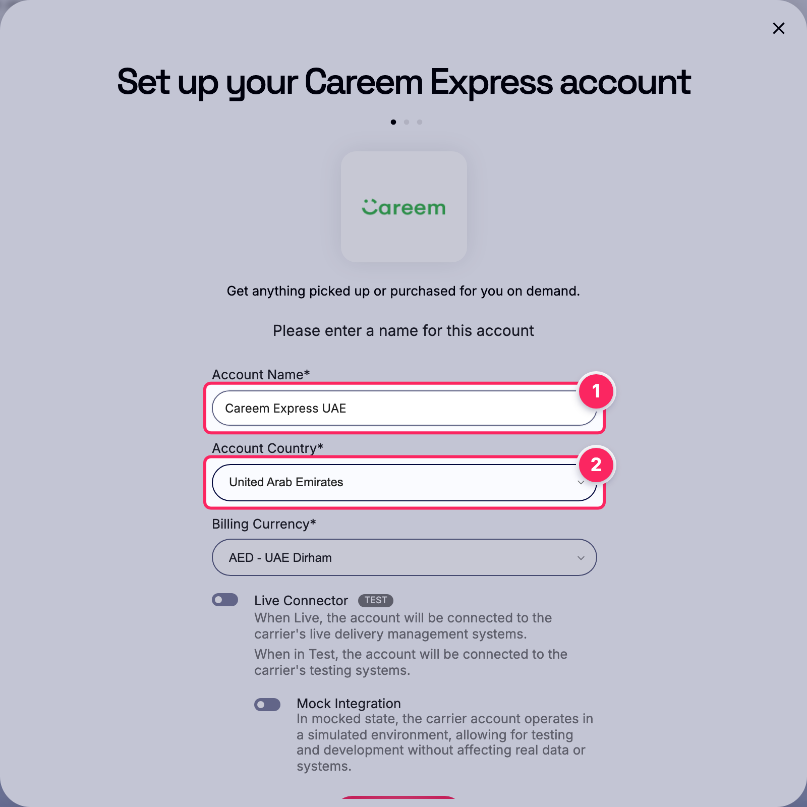 Fill in the account name and country.