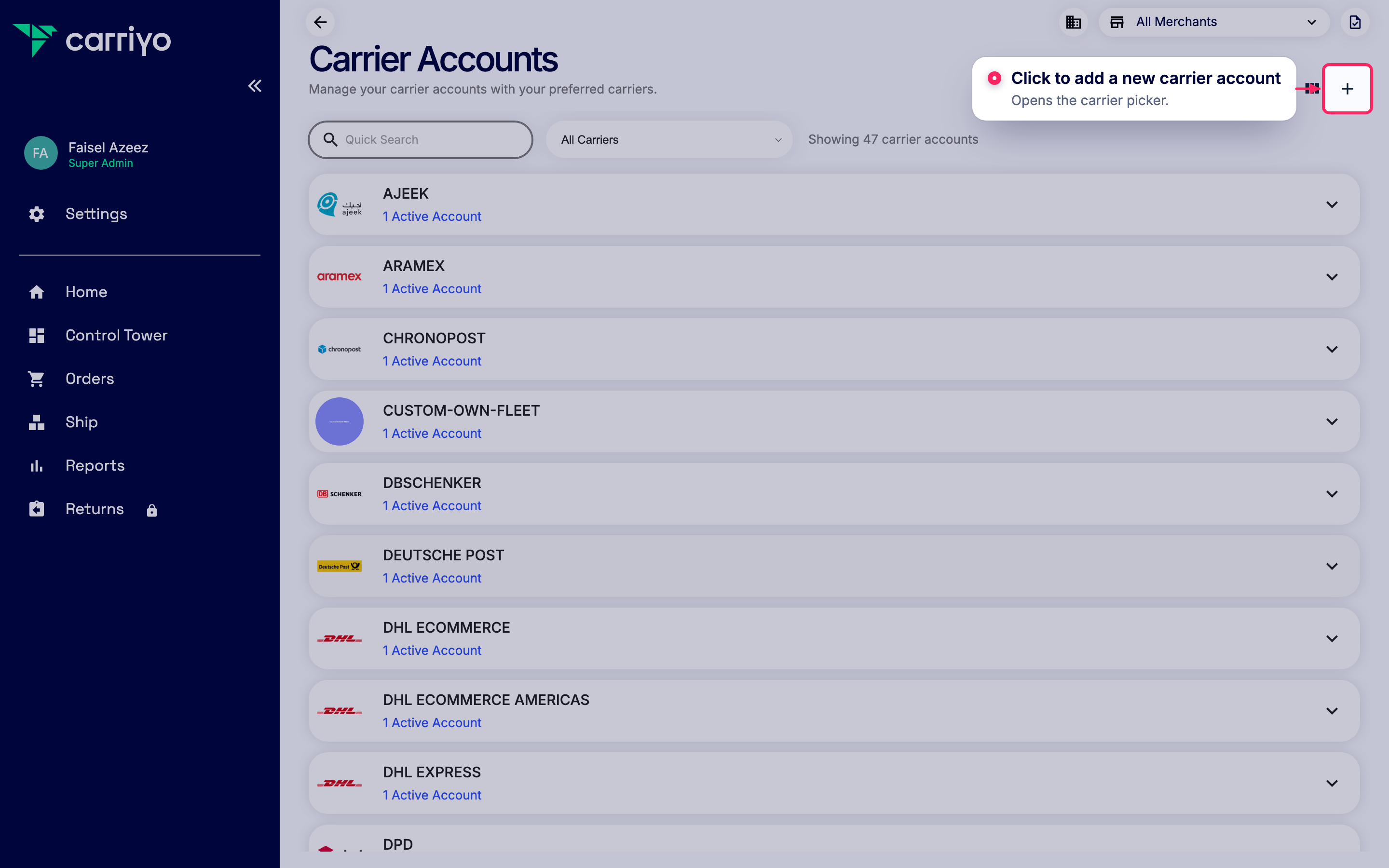 Add a new carrier account