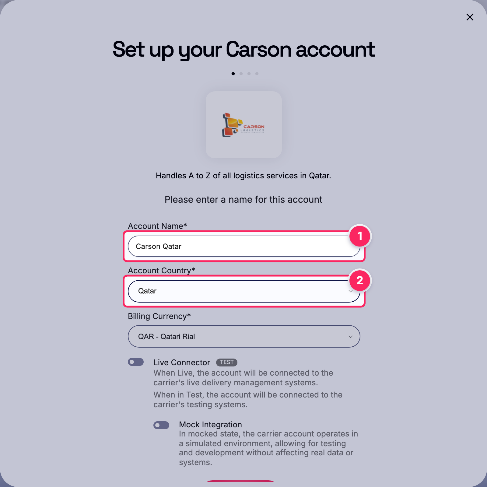 Fill in the account name and country.
