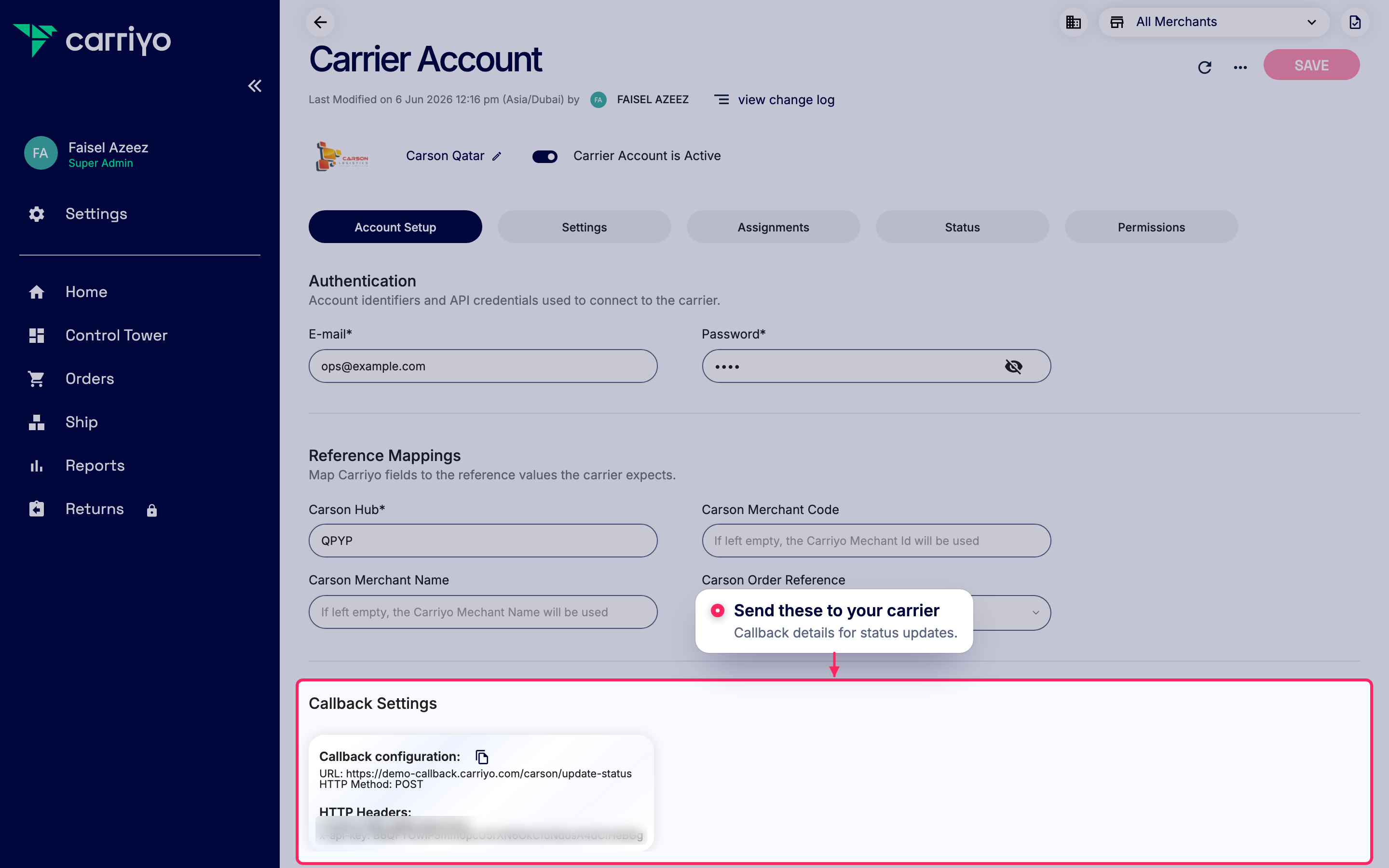 Share callback settings with your carrier