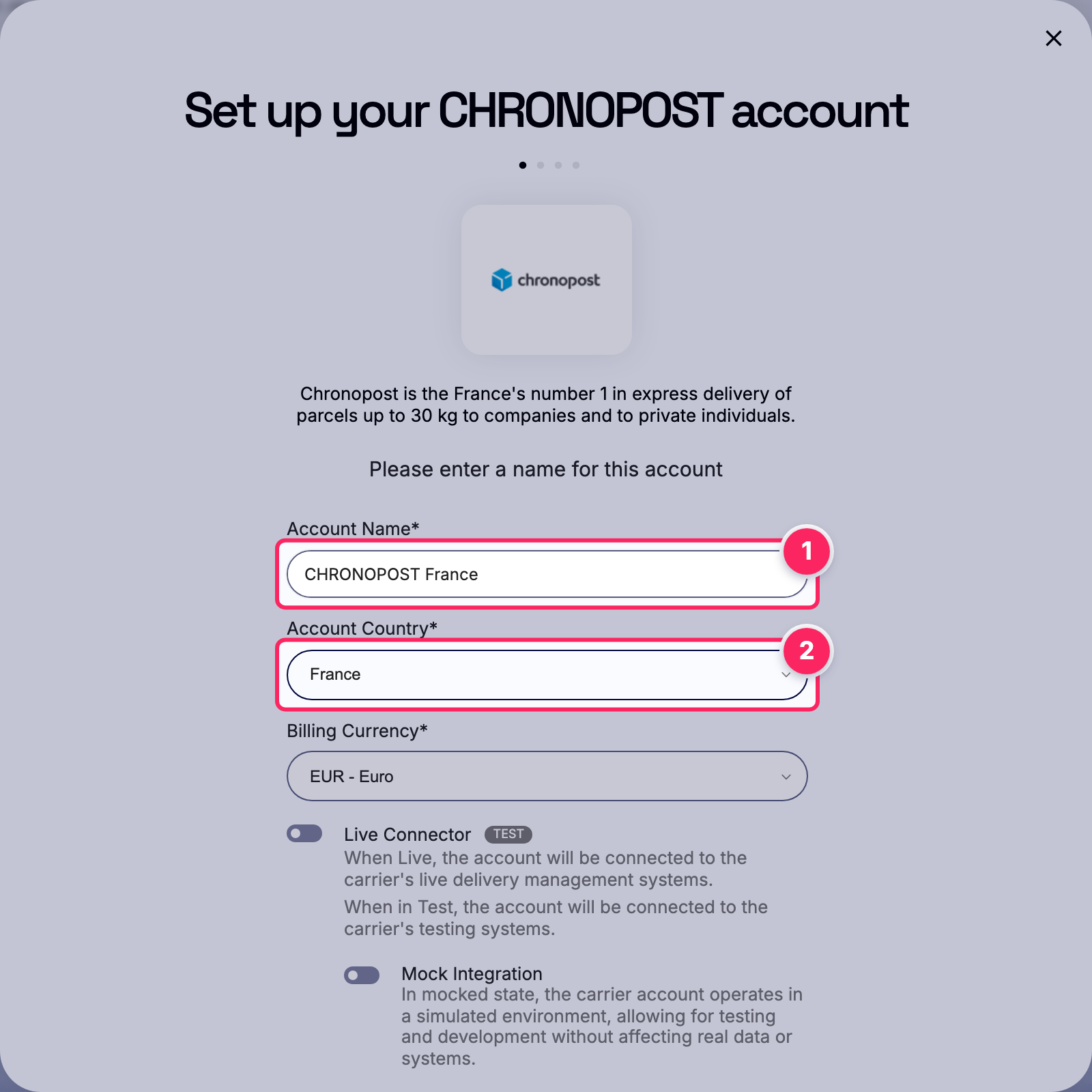 Fill in the account name and country.