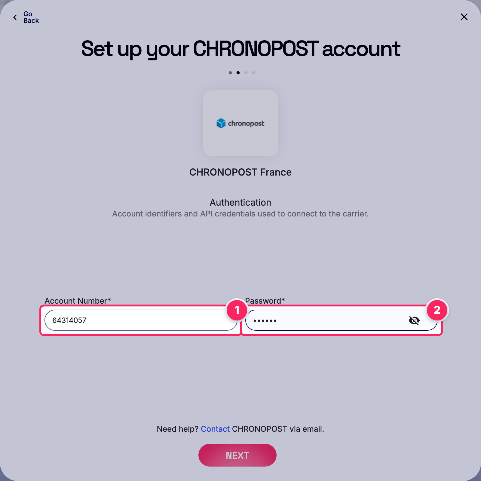 Fill in the CHRONOPOST account details.