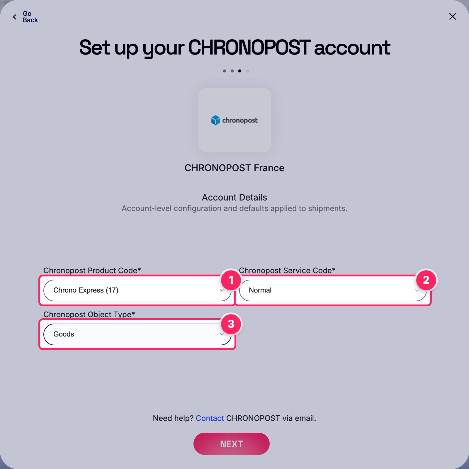 Fill in the CHRONOPOST account details.