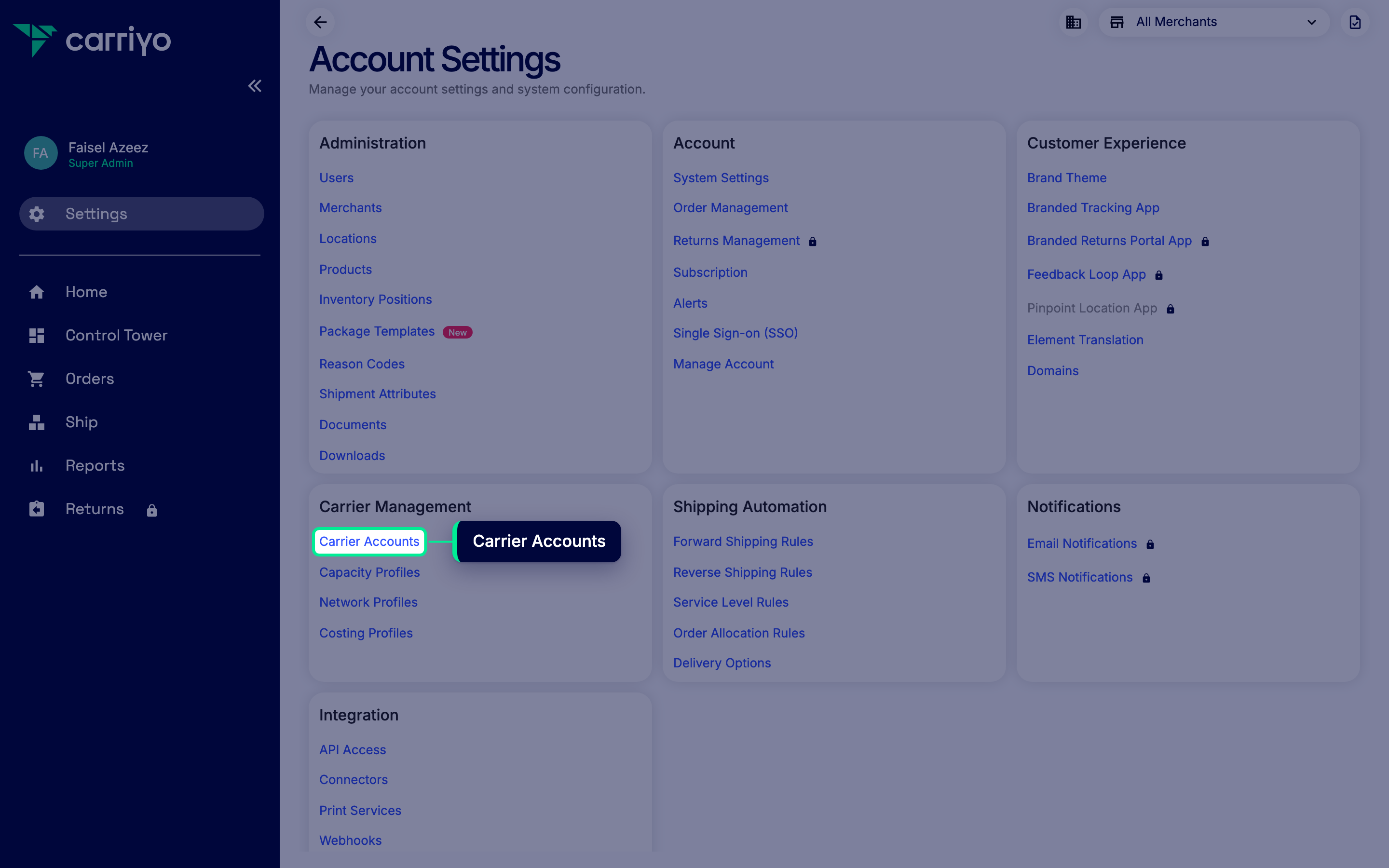 Settings menu expanded with the Carrier Accounts link highlighted