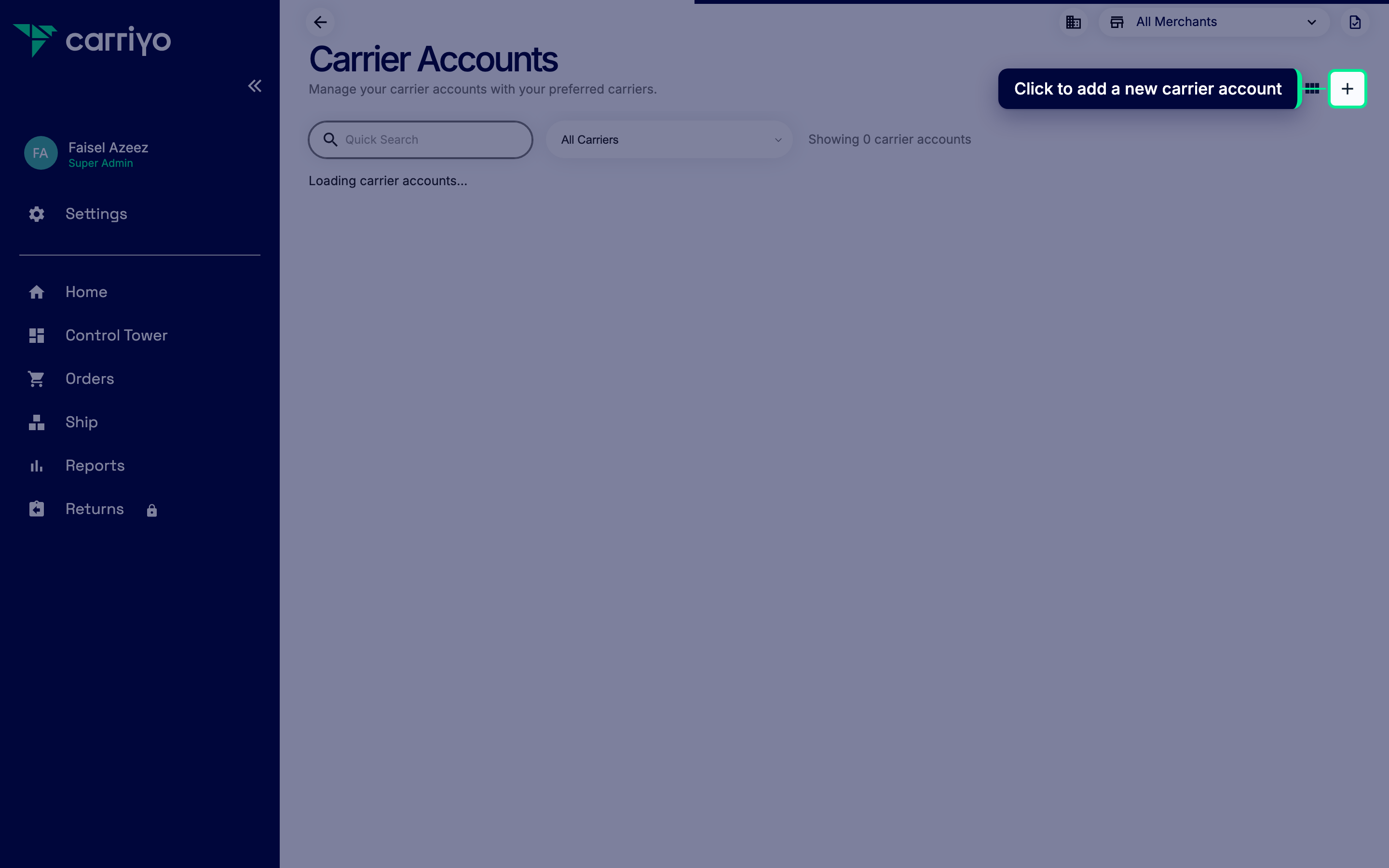Carrier accounts list with the add carrier account button highlighted