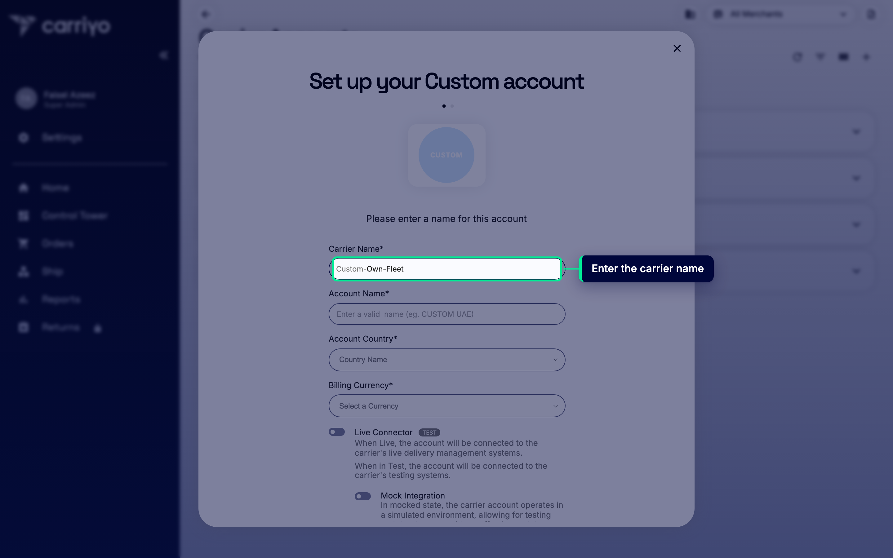 Carrier Name field with a sample name entered