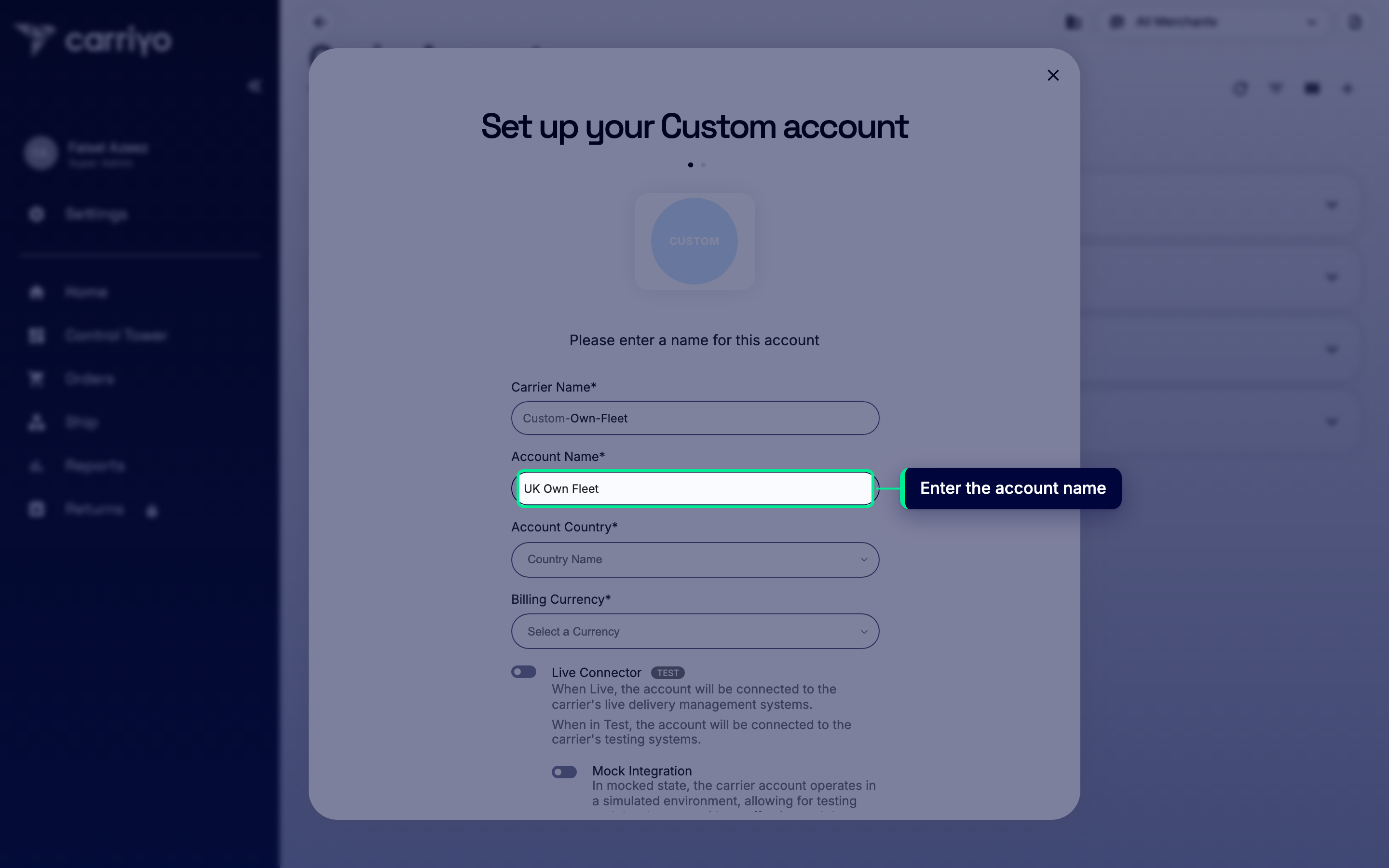 Account Name field with a sample account name entered